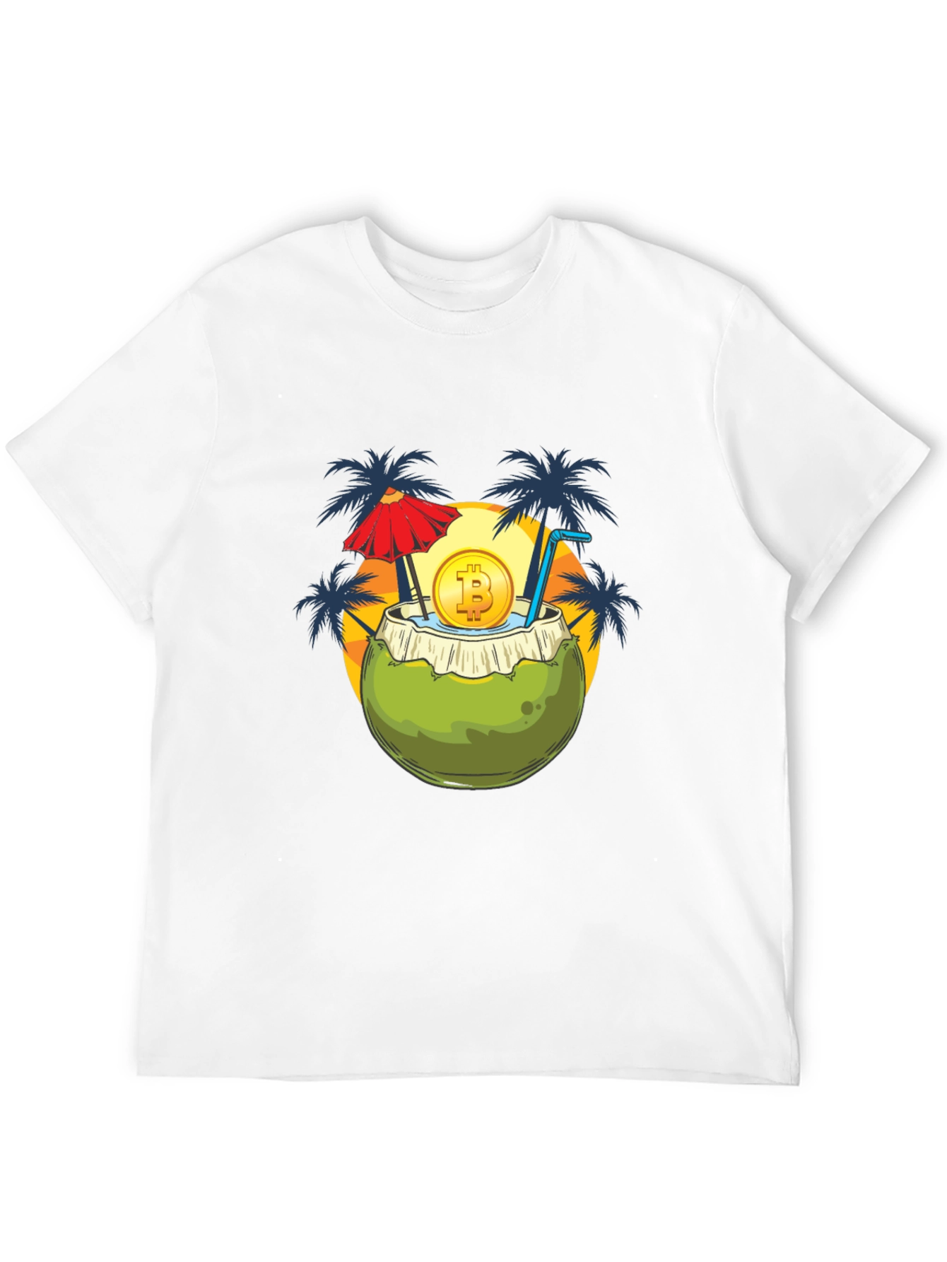 Camiseta Negra con Diseño Tropical Bitcoin