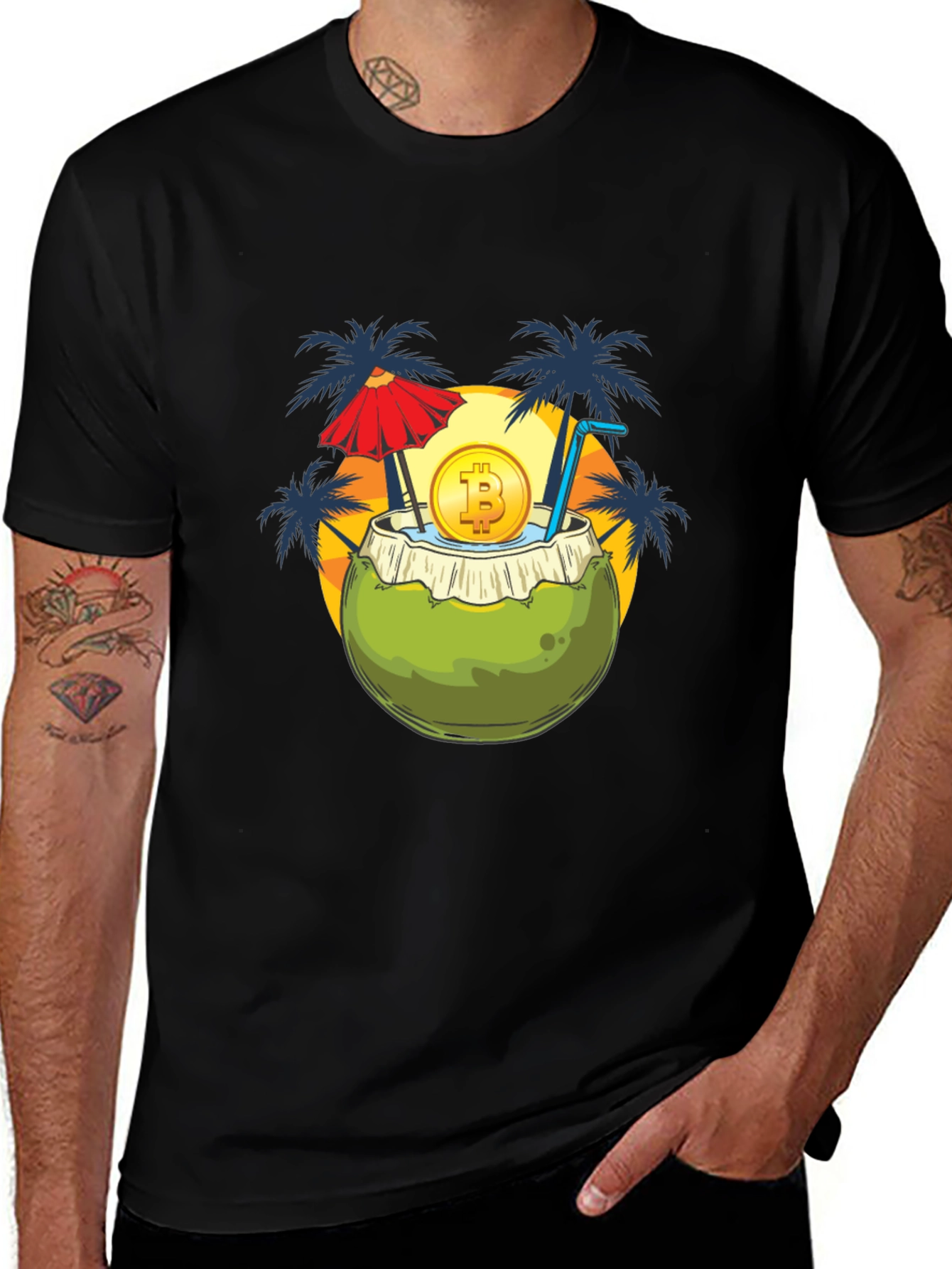 Camiseta Negra con Diseño Tropical Bitcoin