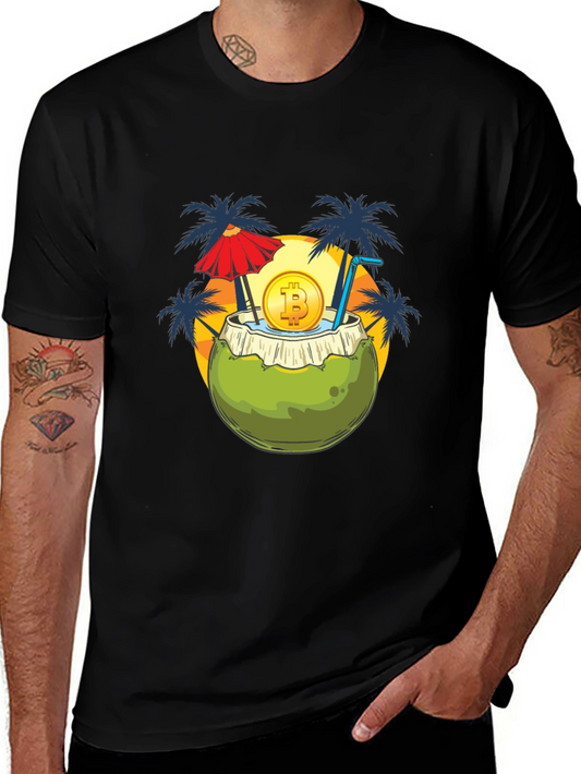 Camiseta Negra con Diseño Tropical Bitcoin