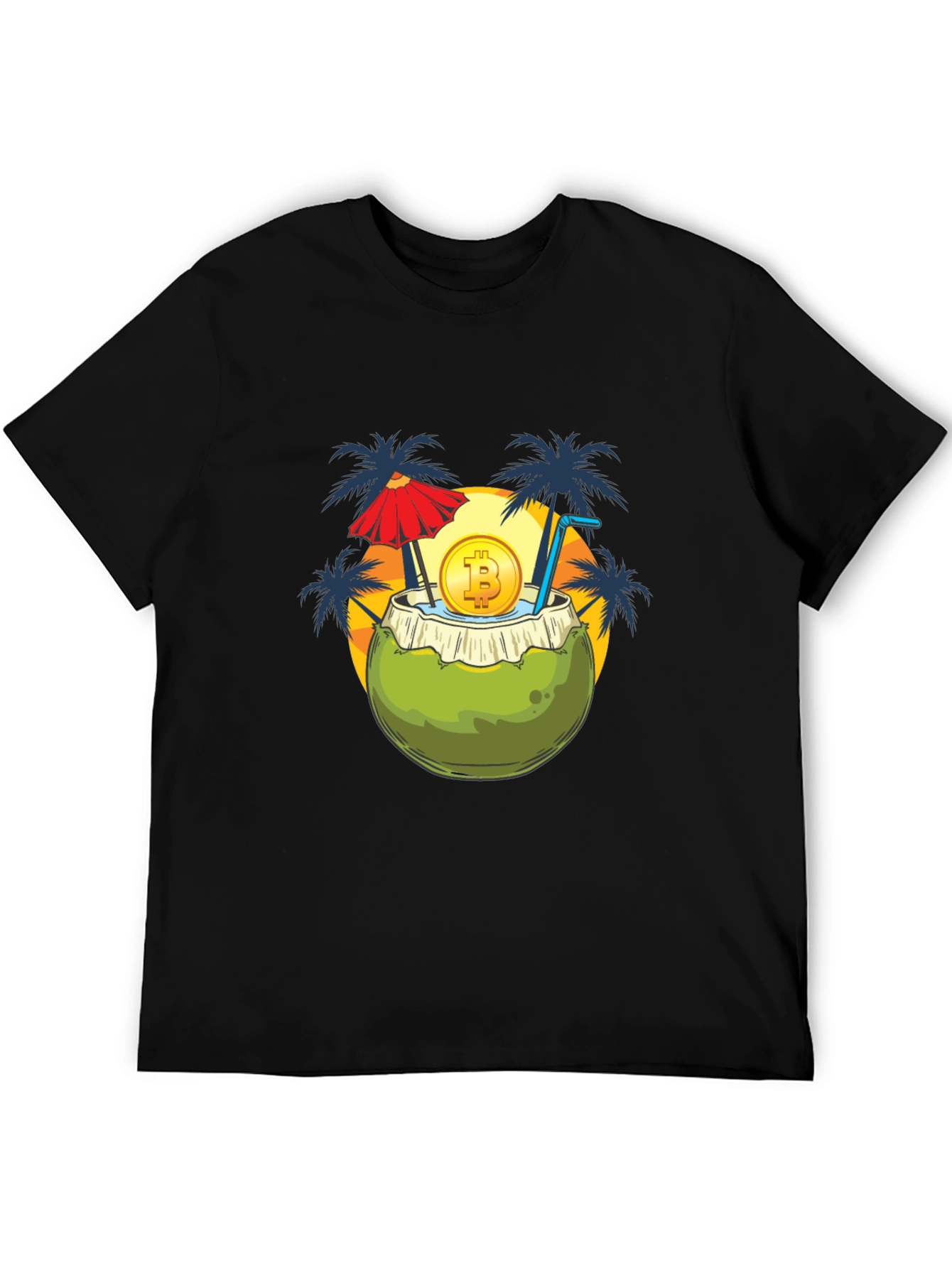 Camiseta Negra con Diseño Tropical Bitcoin