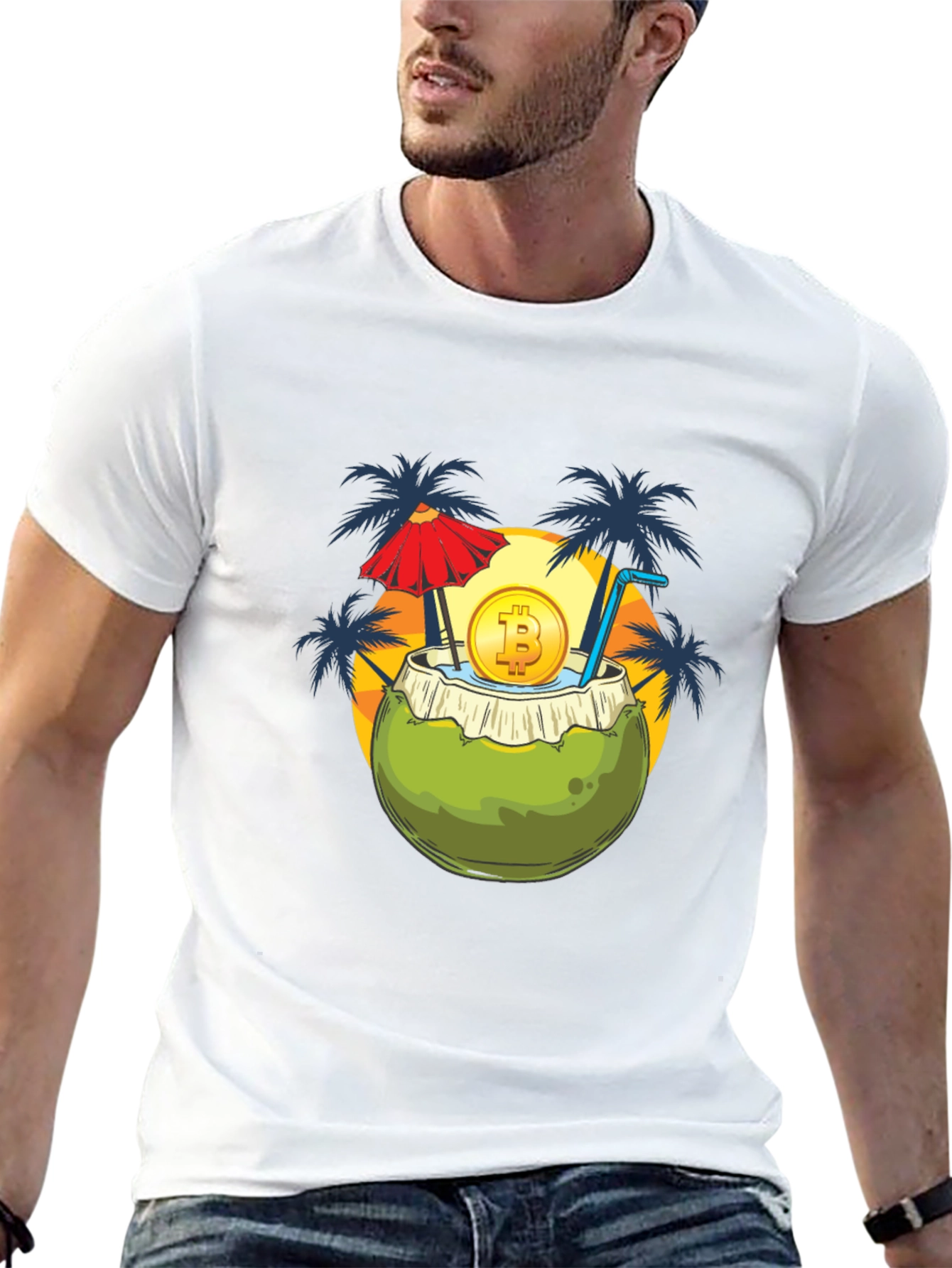 Camiseta Negra con Diseño Tropical Bitcoin