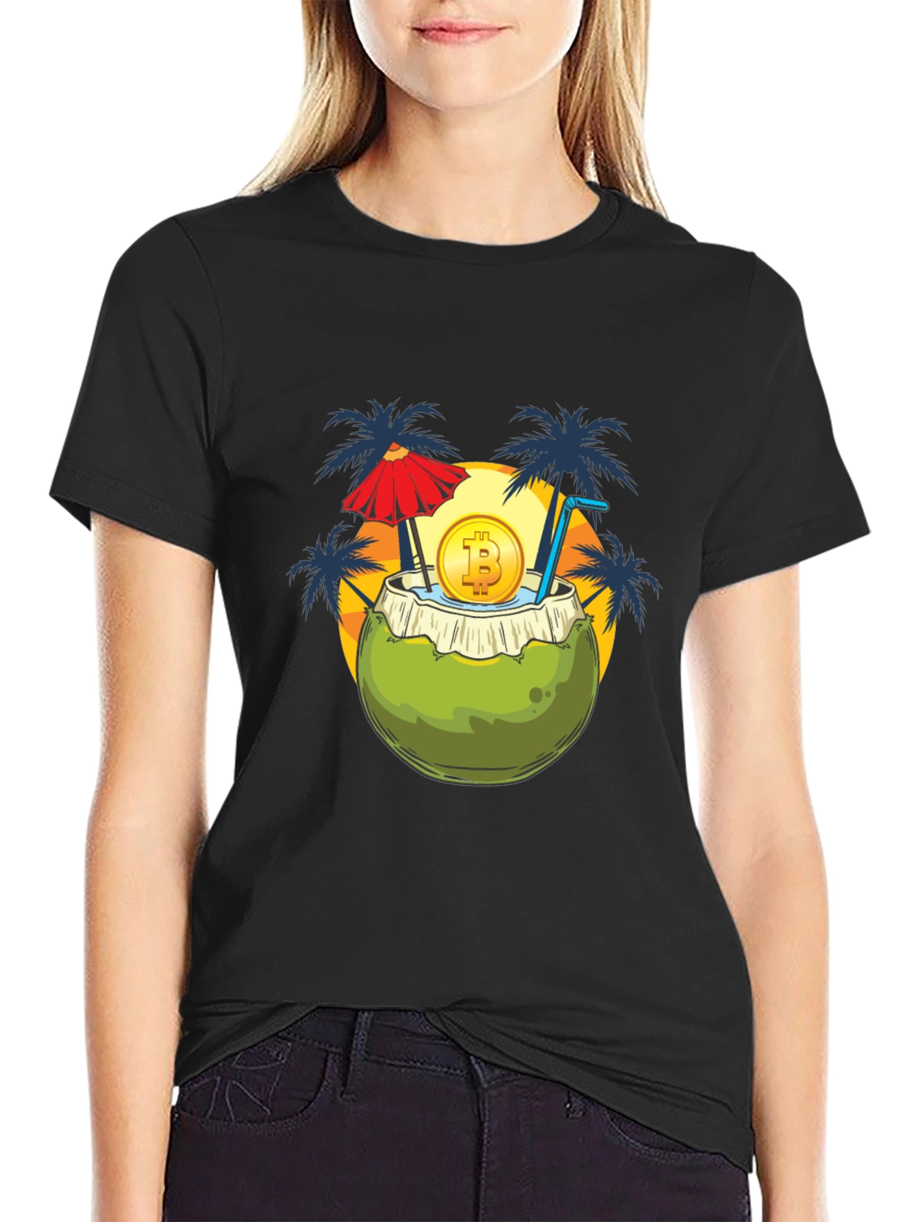Camiseta Negra con Diseño Tropical Bitcoin