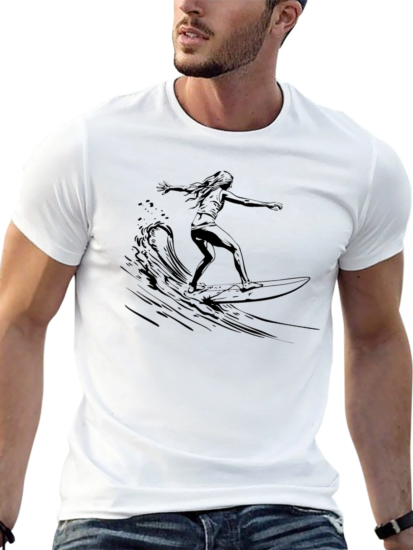 Camiseta Negra Estampada Surfista