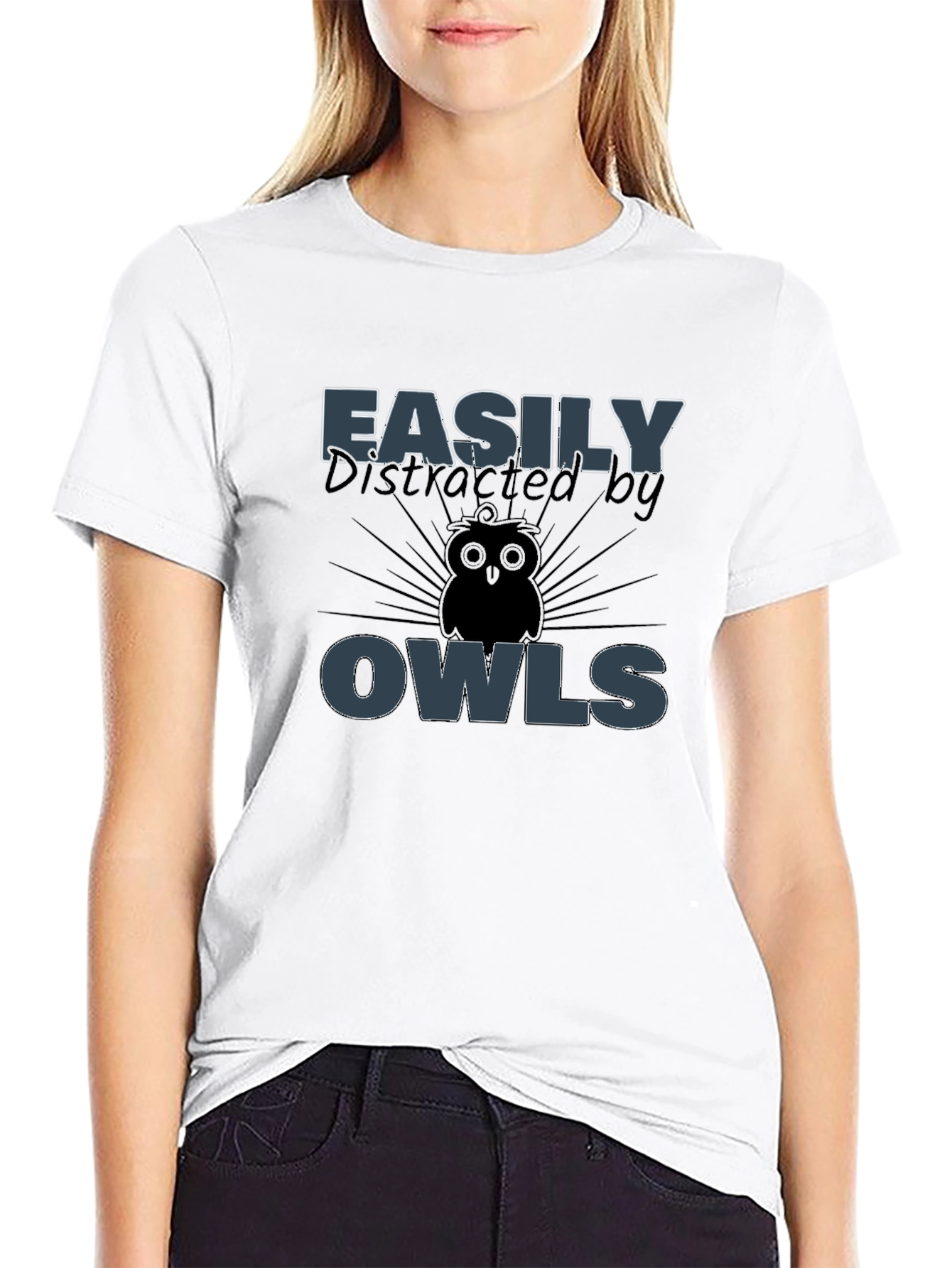 Camiseta Negra Fácilmente Distraído por Búhos