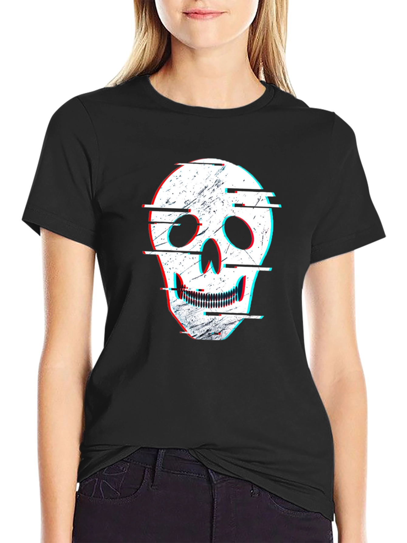 Camiseta Negra con Diseño de Calavera Distorsionada