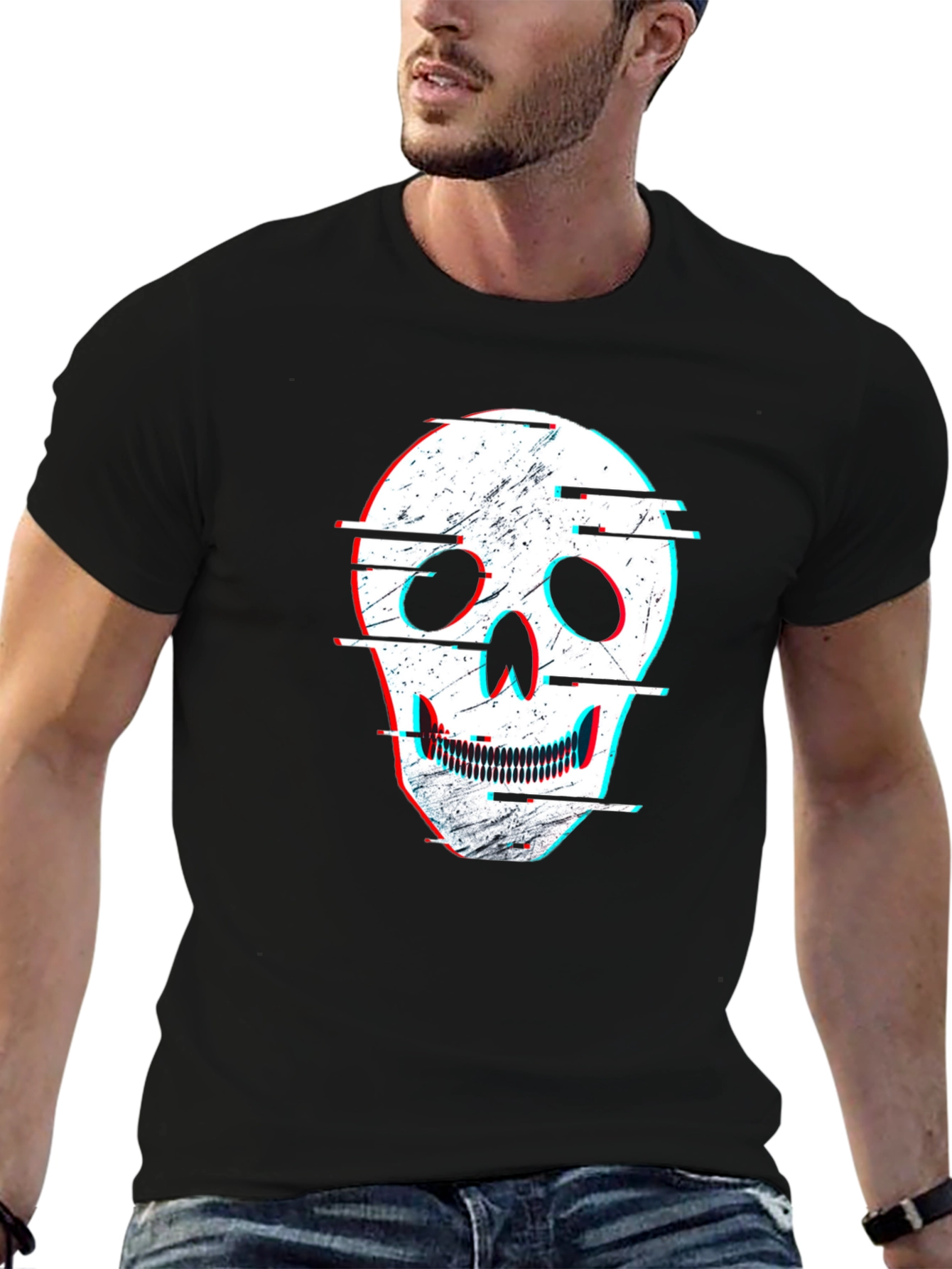 Camiseta Negra con Diseño de Calavera Distorsionada