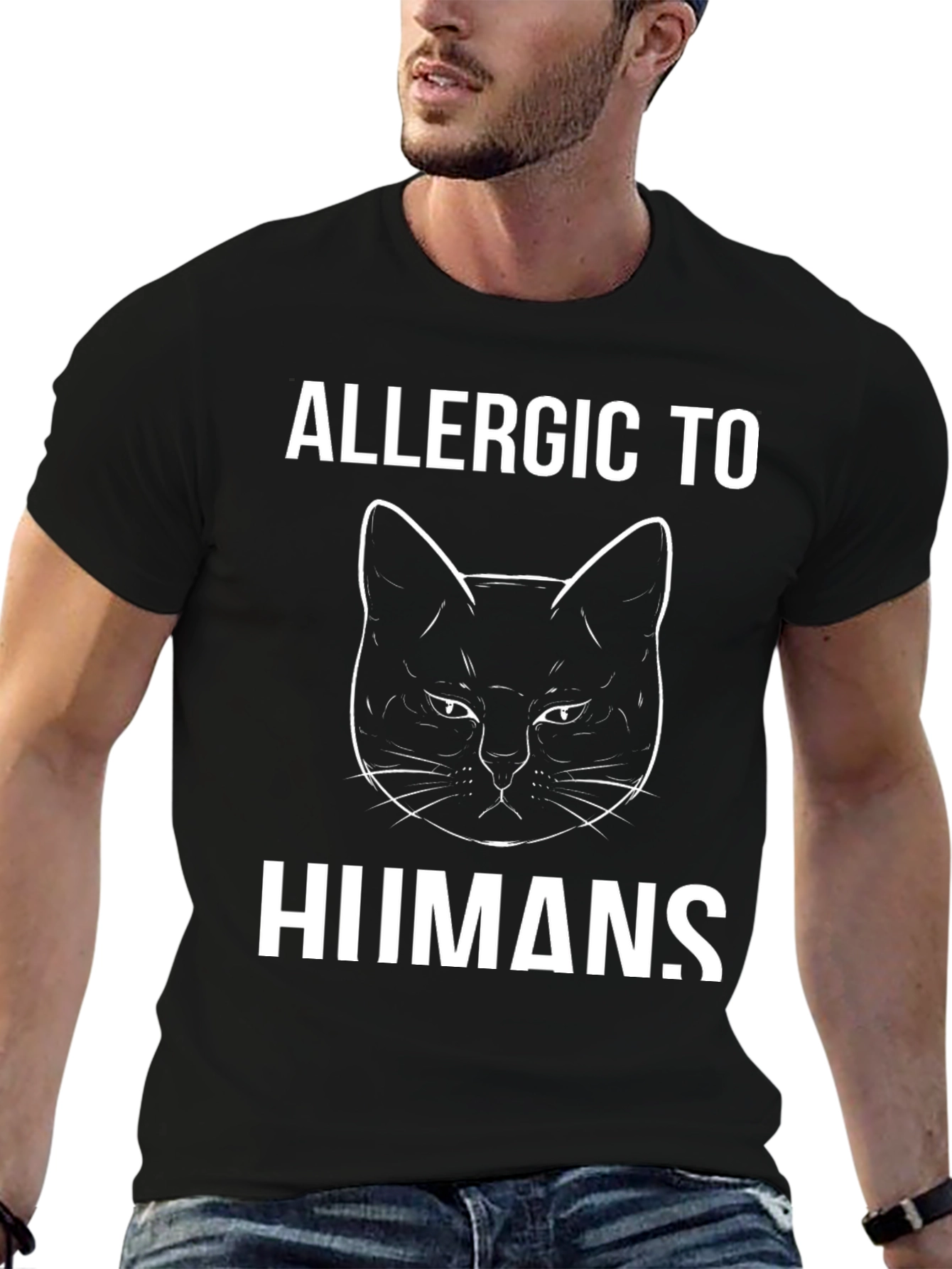 Camiseta Negra con Diseño de Gato Alérgico a Humanos