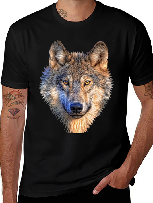 Camiseta Negra con Estampado de Lobo Realista