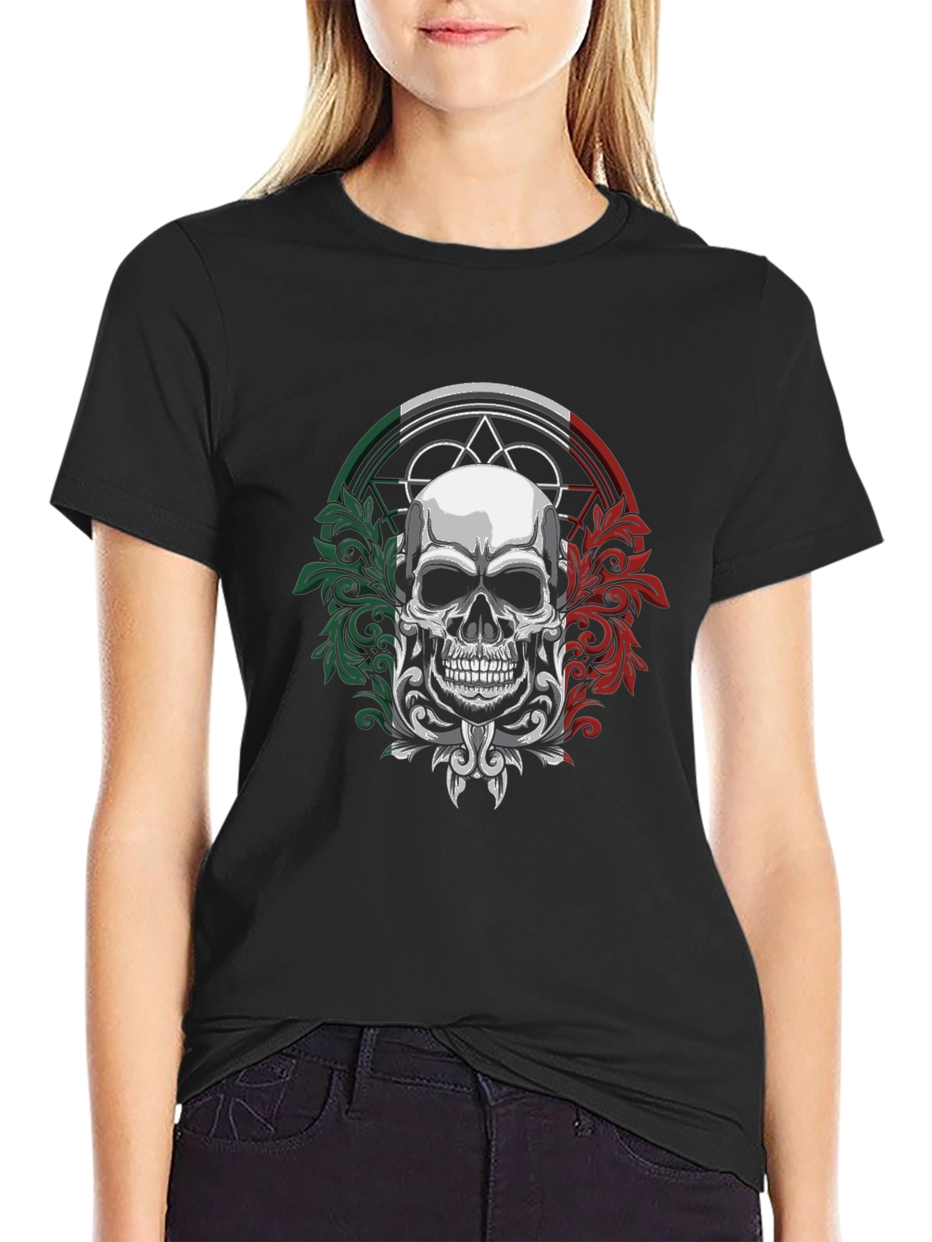 Camiseta Negra Calavera Mexicana con Detalles Ornamentales