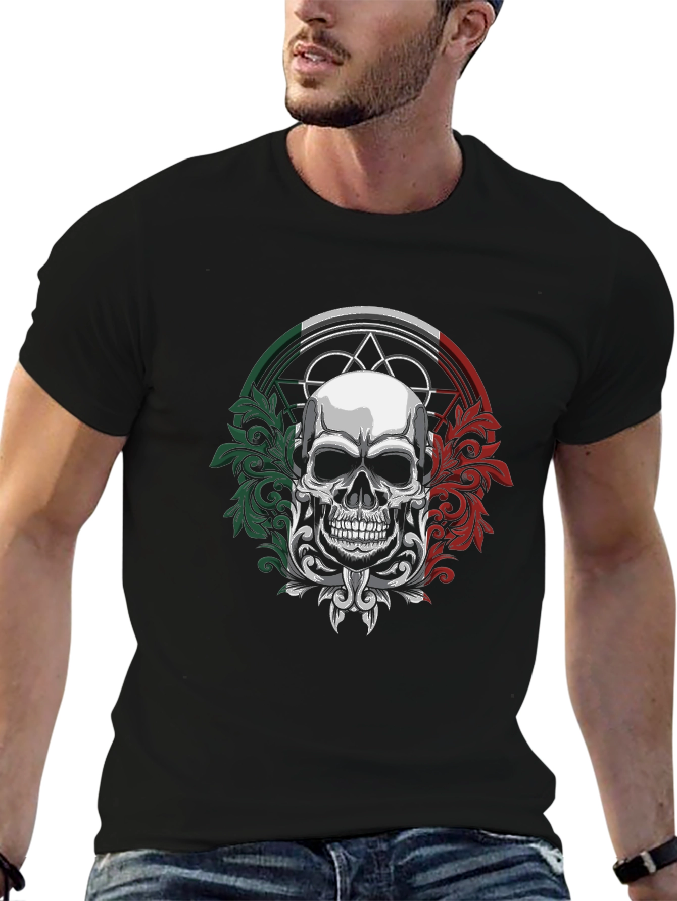 Camiseta Negra Calavera Mexicana con Detalles Ornamentales