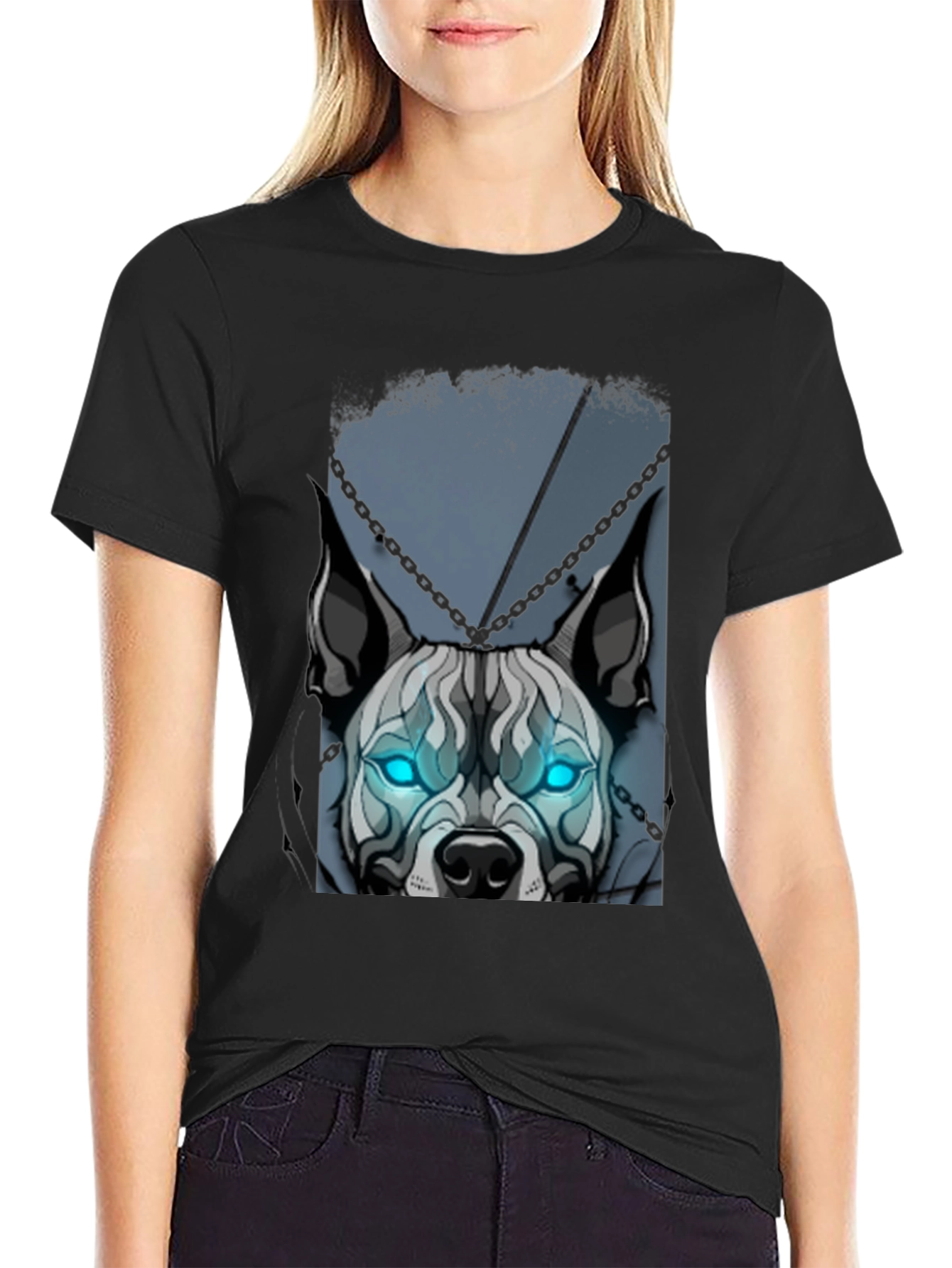 Camiseta Negra Diseño Perro con Ojos Azules