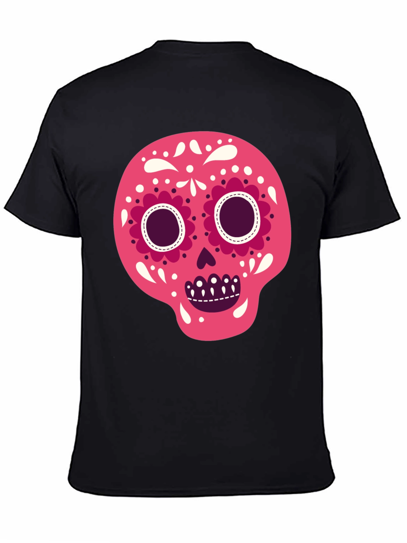 Camiseta Negra con Calavera de Azúcar Rosa