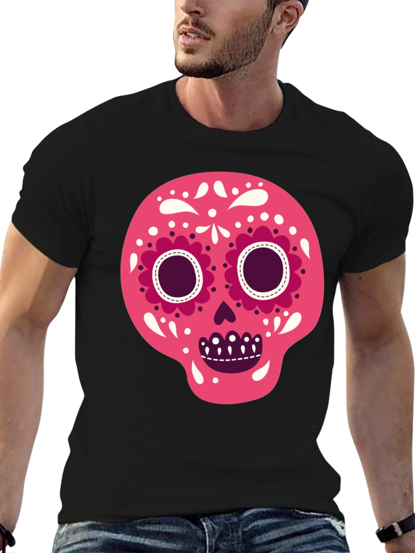 Camiseta Negra con Calavera de Azúcar Rosa
