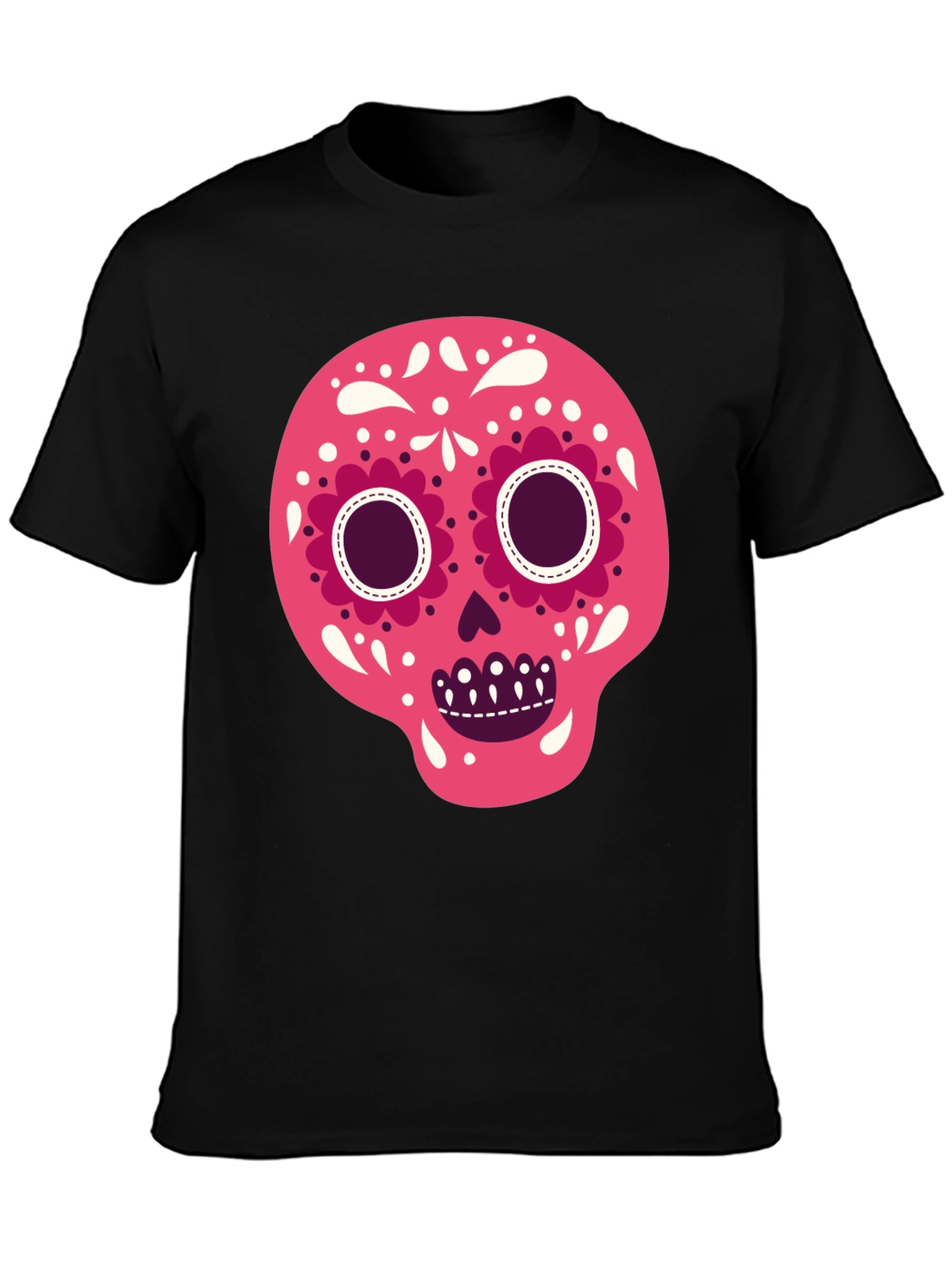 Camiseta Negra con Calavera de Azúcar Rosa