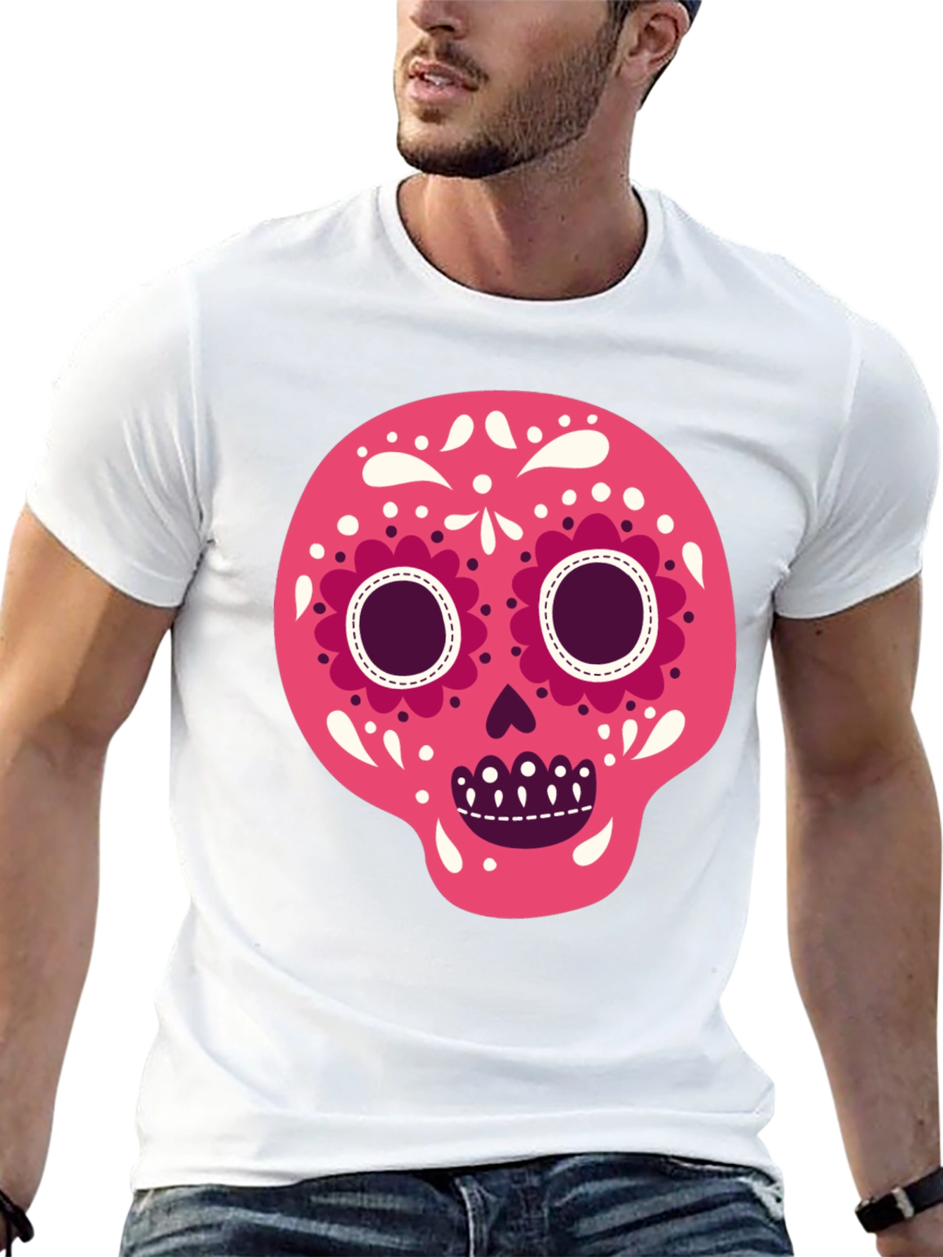 Camiseta Negra con Calavera de Azúcar Rosa