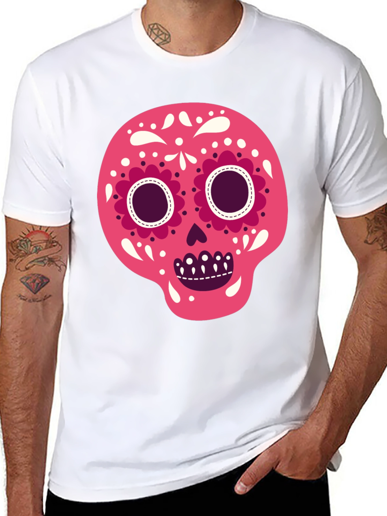 Camiseta Negra con Calavera de Azúcar Rosa