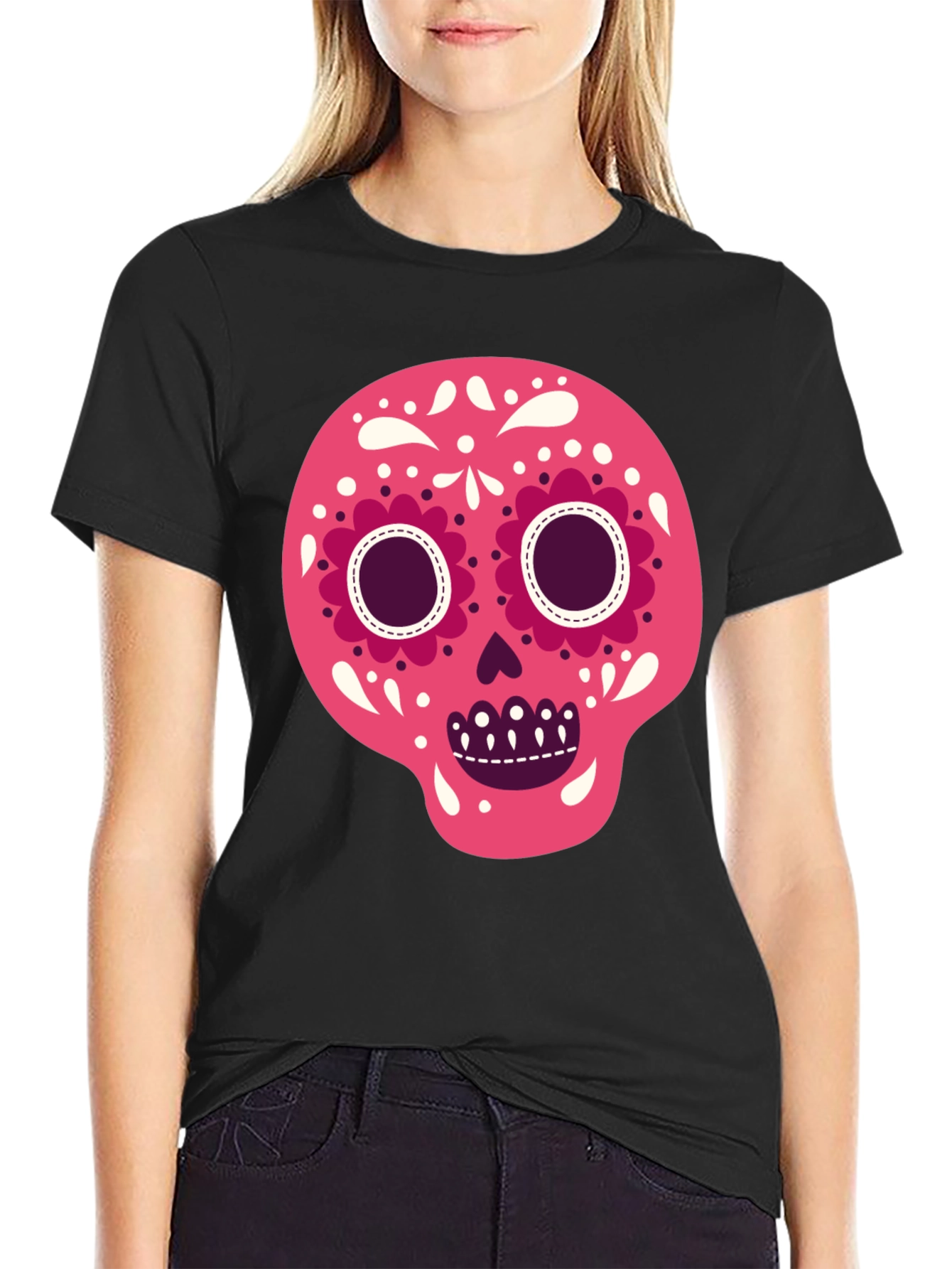 Camiseta Negra con Calavera de Azúcar Rosa