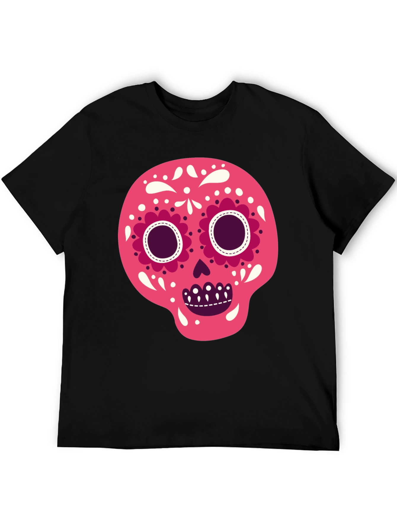 Camiseta Negra con Calavera de Azúcar Rosa