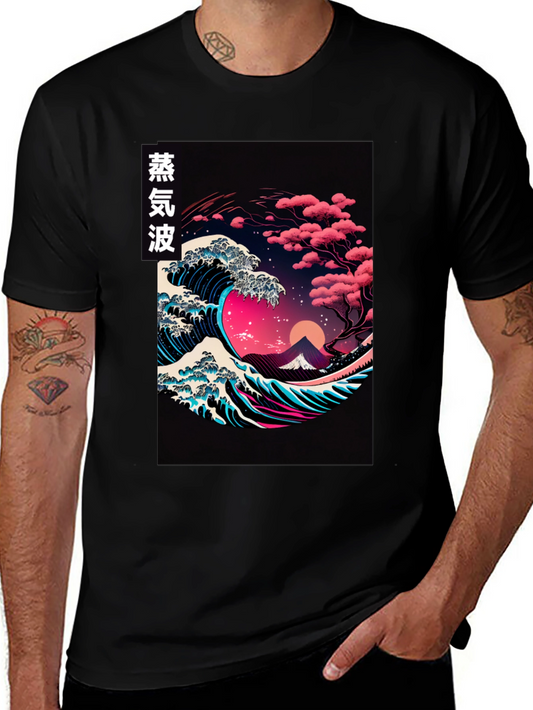 Camiseta Negra con Diseño de Ola Vaporwave Japonés