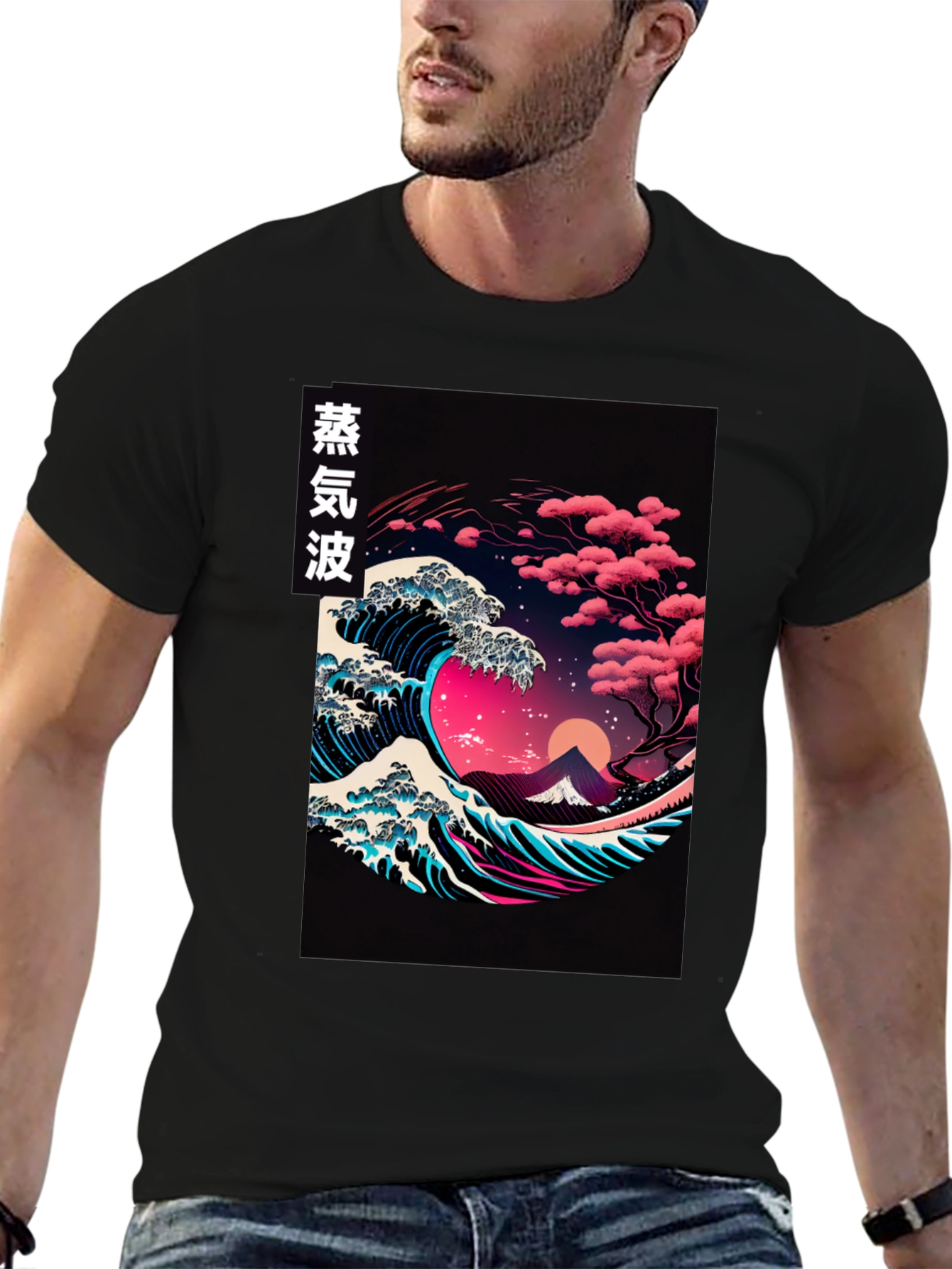 Camiseta Negra con Diseño de Ola Vaporwave Japonés