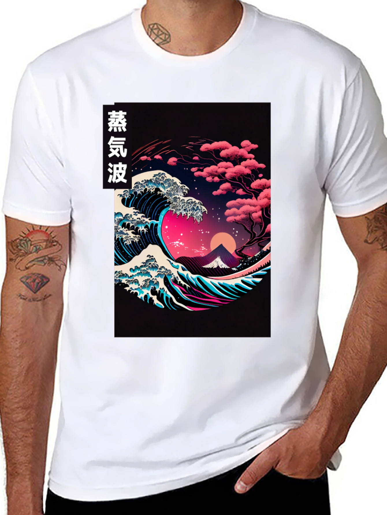 Camiseta Negra con Diseño de Ola Vaporwave Japonés