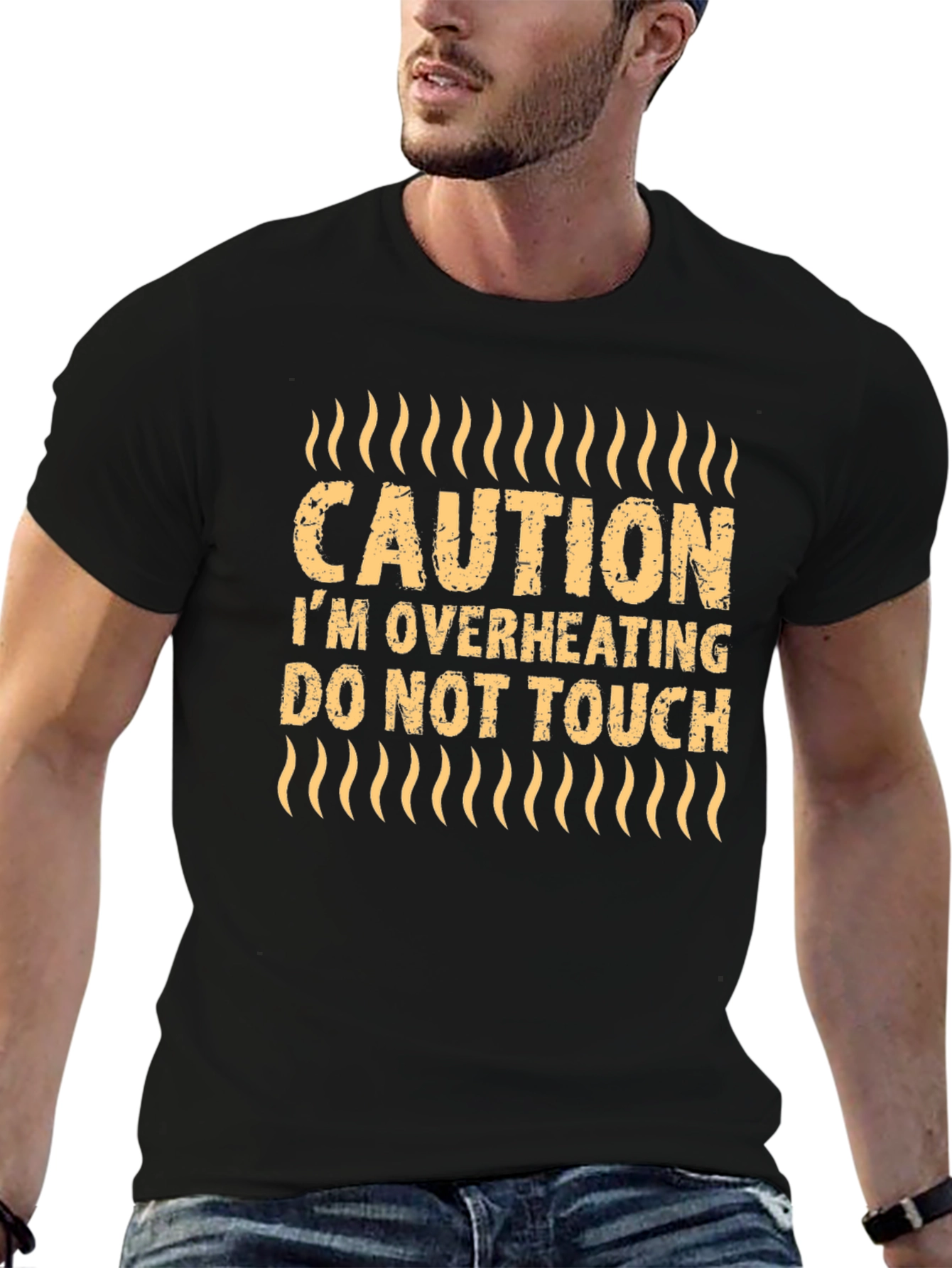 Camiseta Negra con Estampado Caution Im Overheating