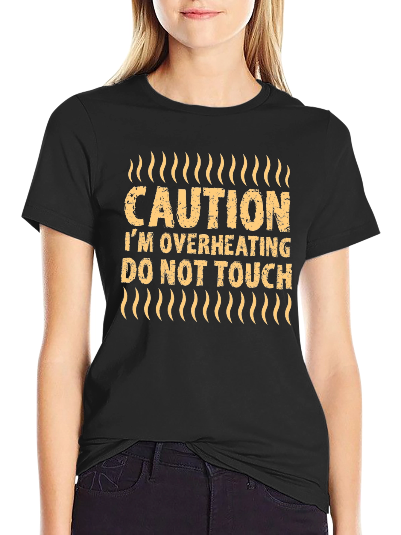 Camiseta Negra con Estampado Caution Im Overheating