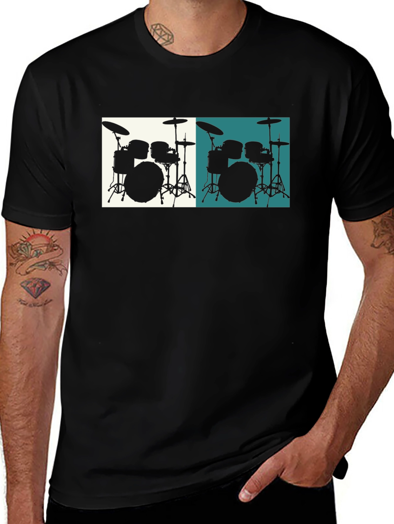 Camiseta Negra con Diseño de Batería Musical
