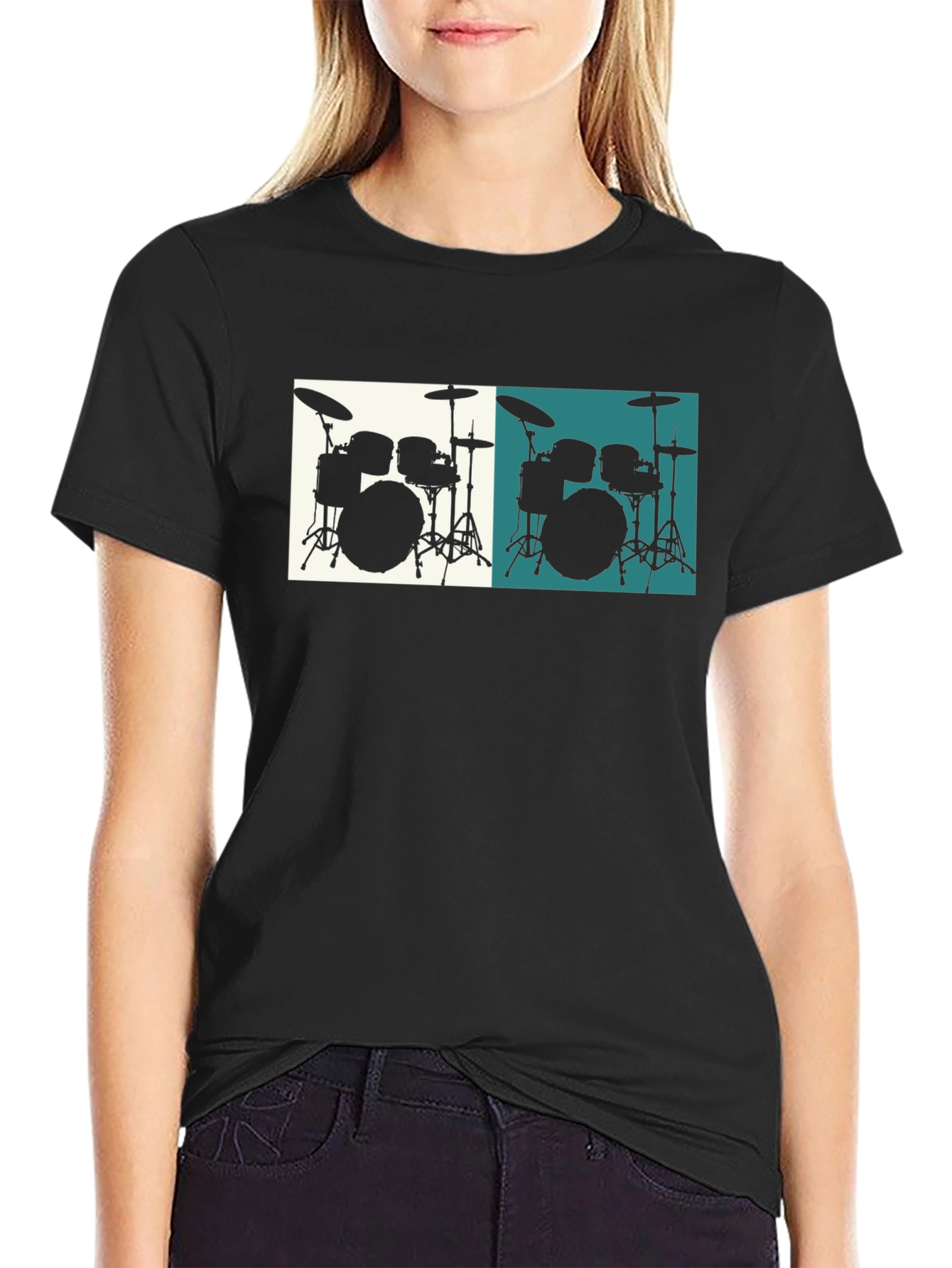 Camiseta Negra con Diseño de Batería Musical