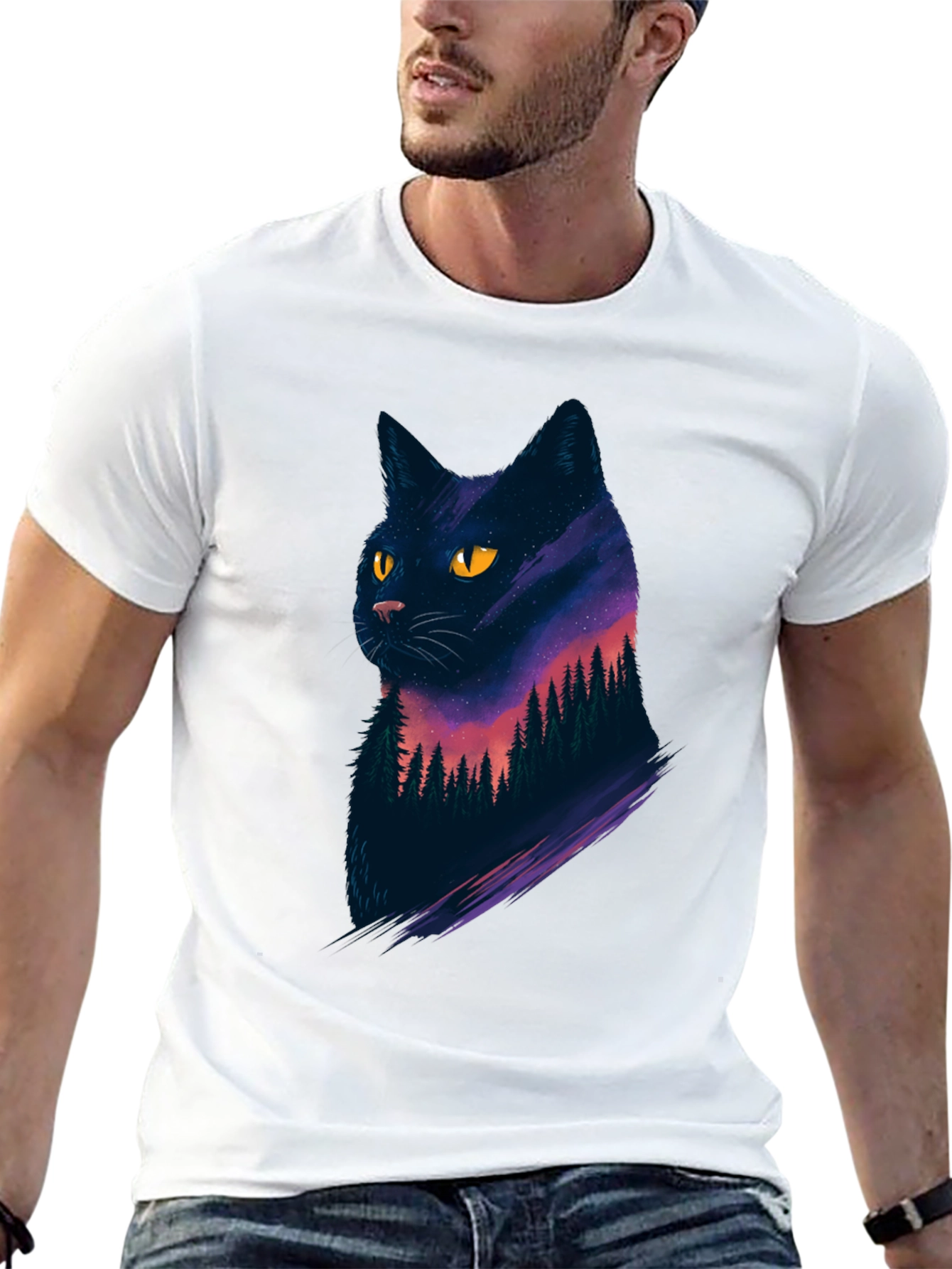 Camiseta Negra con Diseño de Gato Cósmico para Hombre