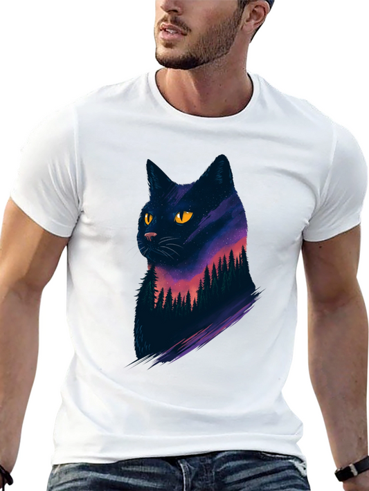 Camiseta Negra con Diseño de Gato Cósmico para Hombre