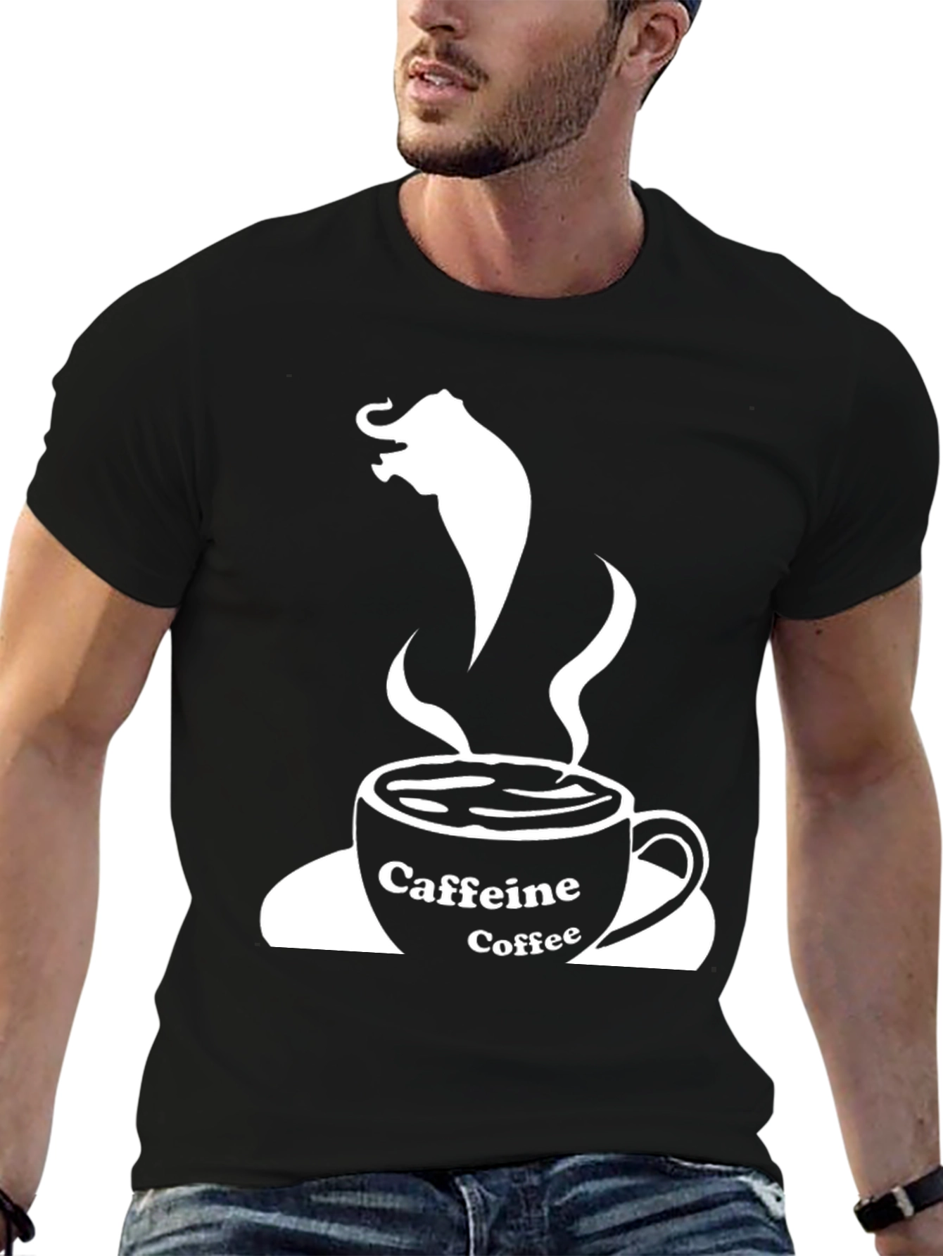 Camiseta Negra: Café con Elefante y Cafeína