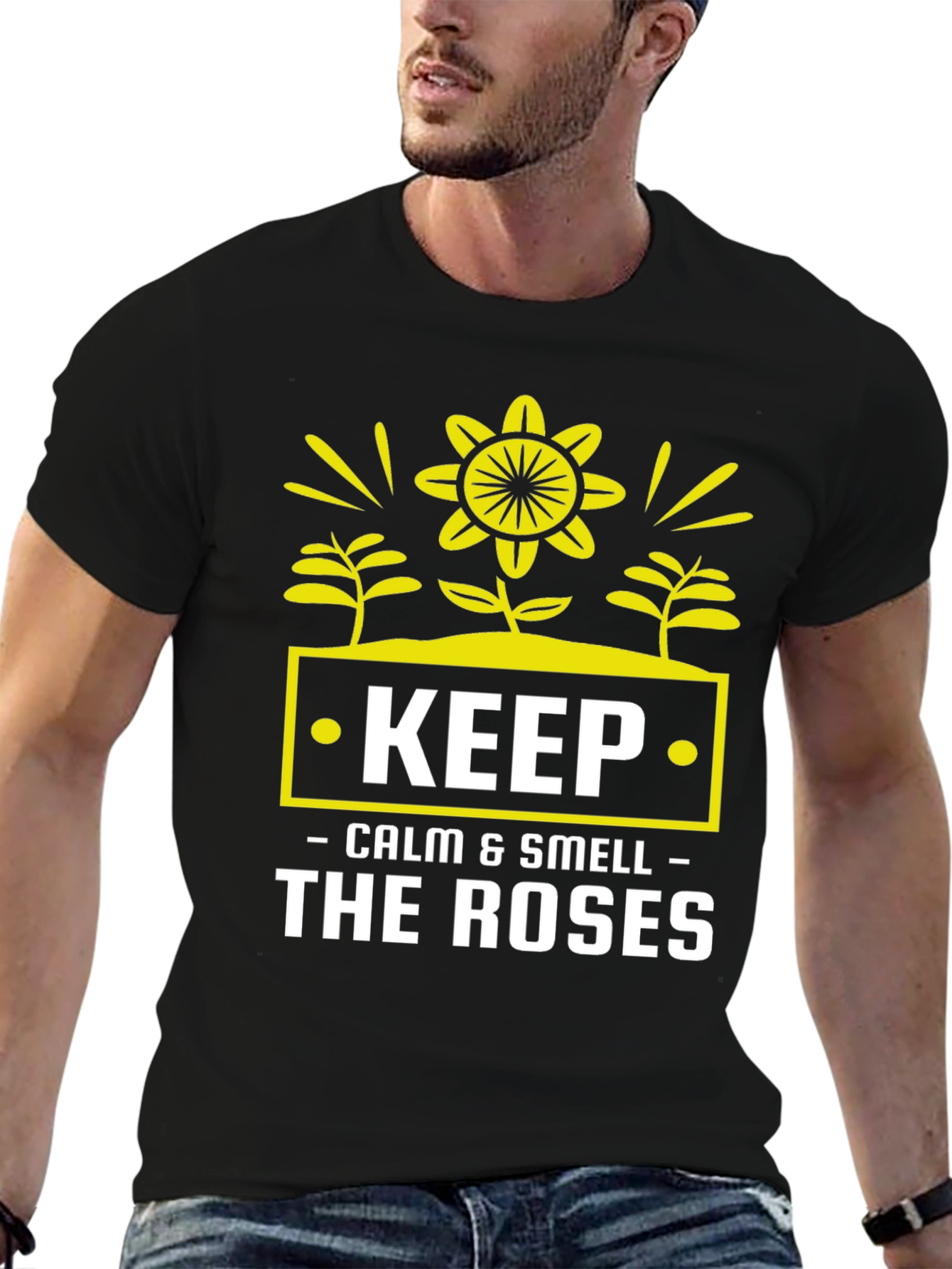 Camiseta Negra: Keep Calm & Smell The Roses