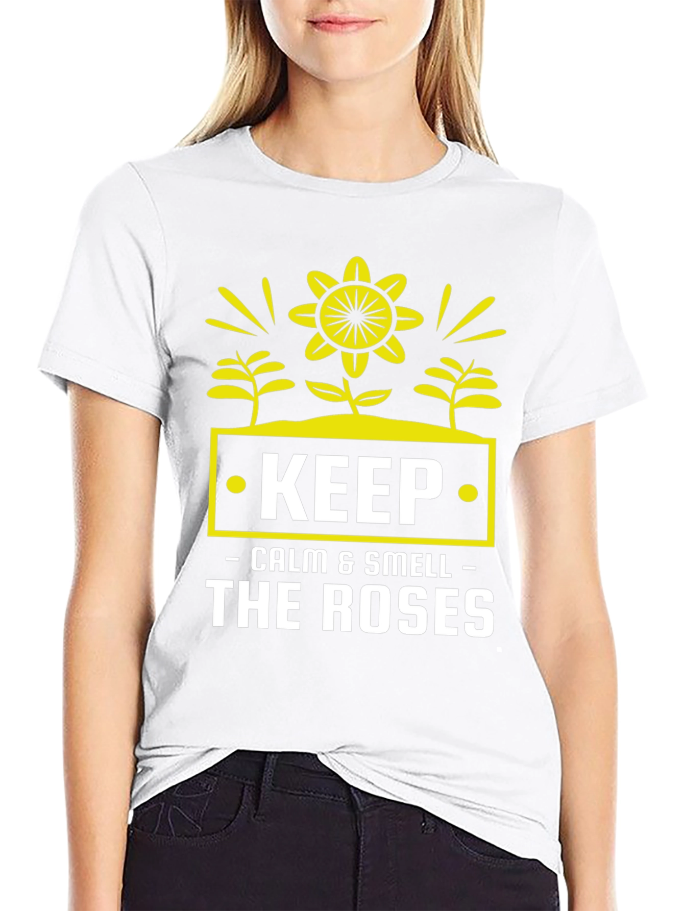 Camiseta Negra: Keep Calm & Smell The Roses