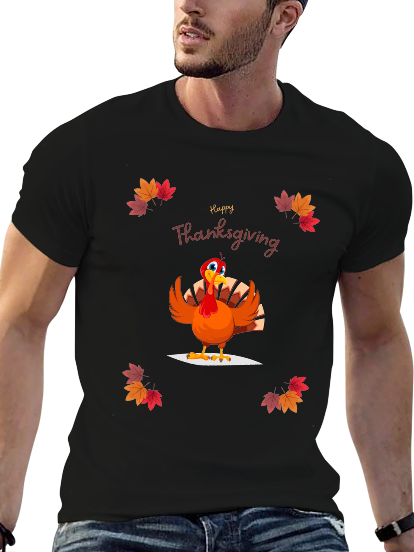 Camiseta Negra Diseño Happy Thanksgiving