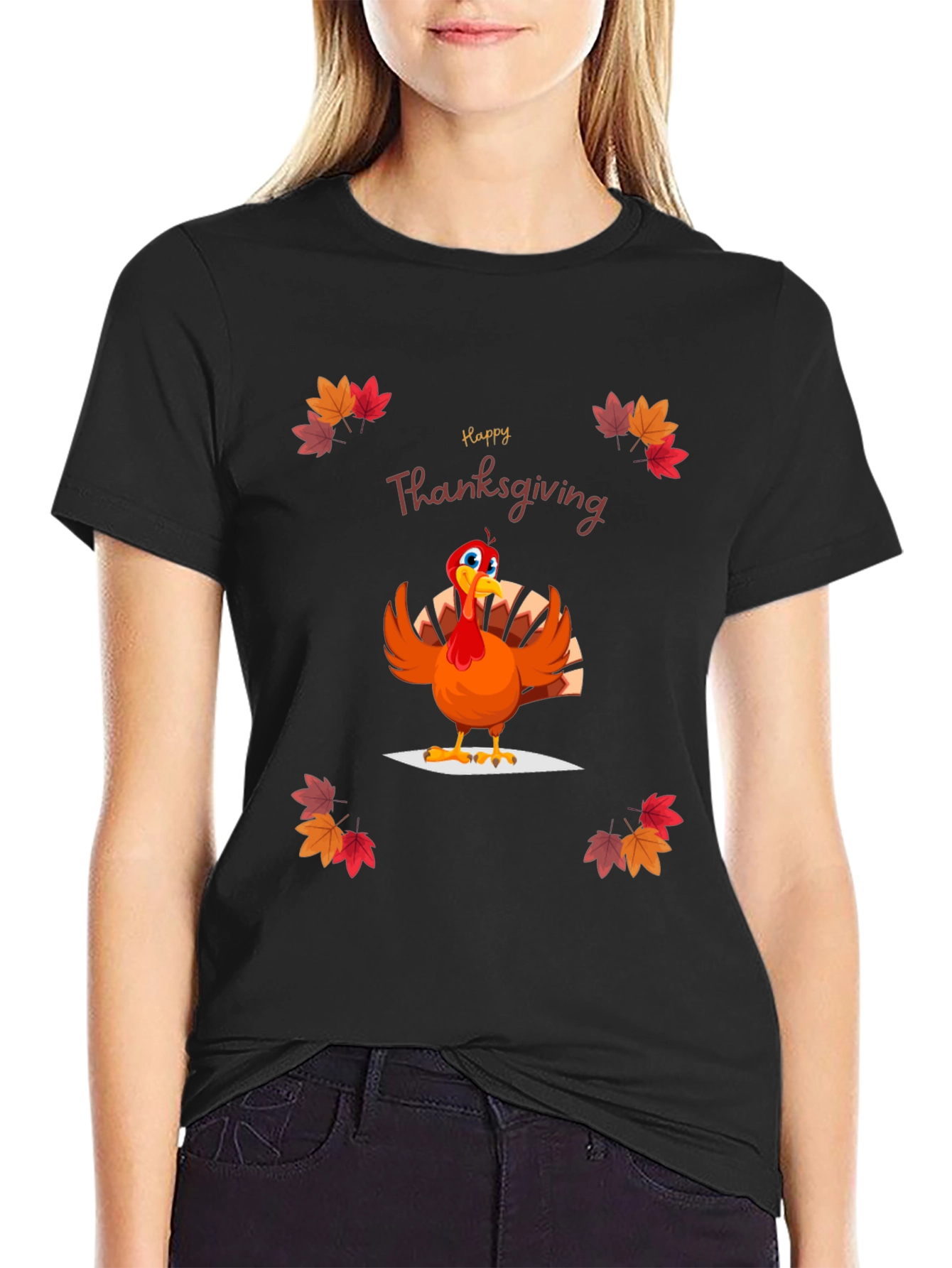 Camiseta Negra Diseño Happy Thanksgiving