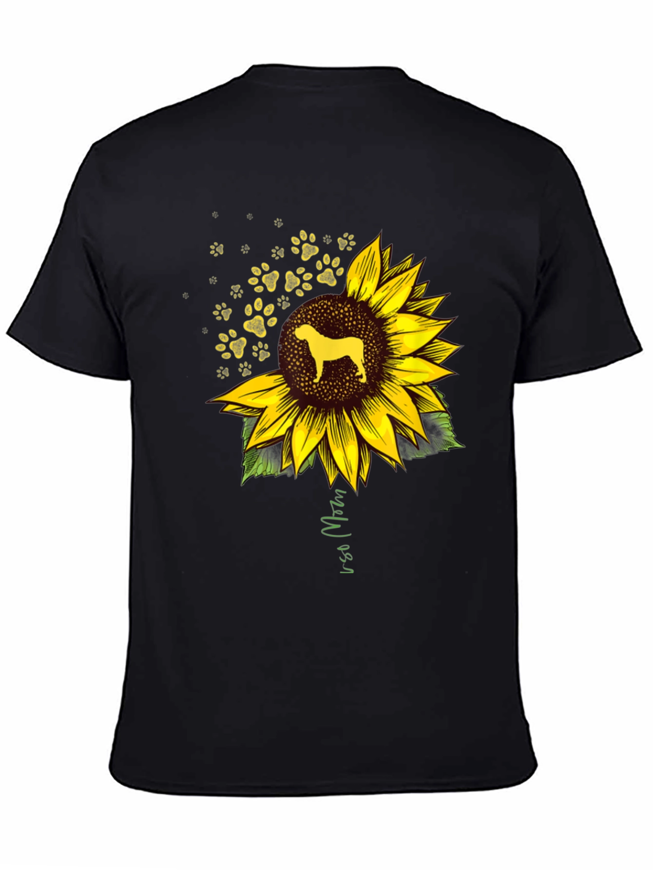 Camiseta Negra con Diseño de Girasol y Perro