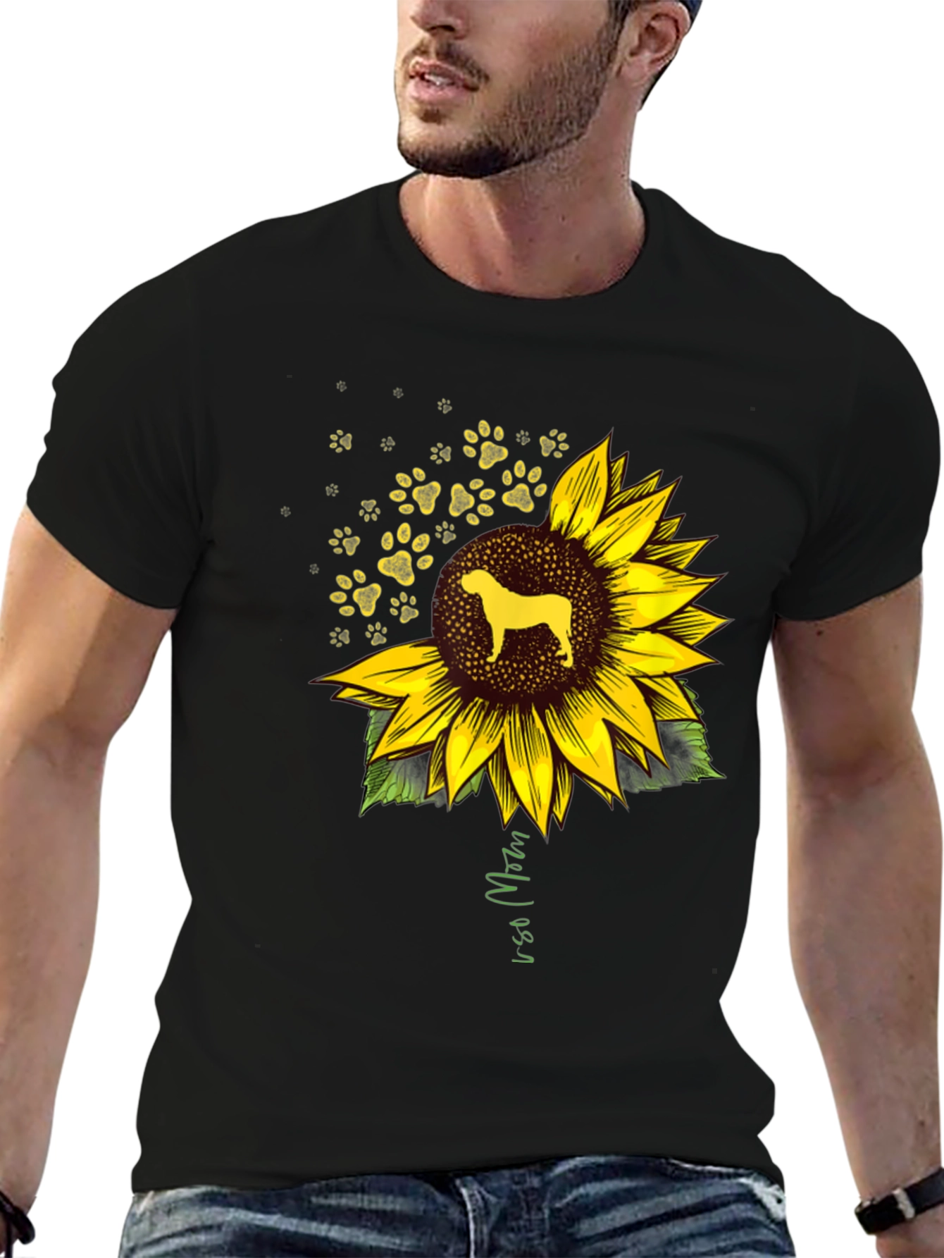 Camiseta Negra con Diseño de Girasol y Perro