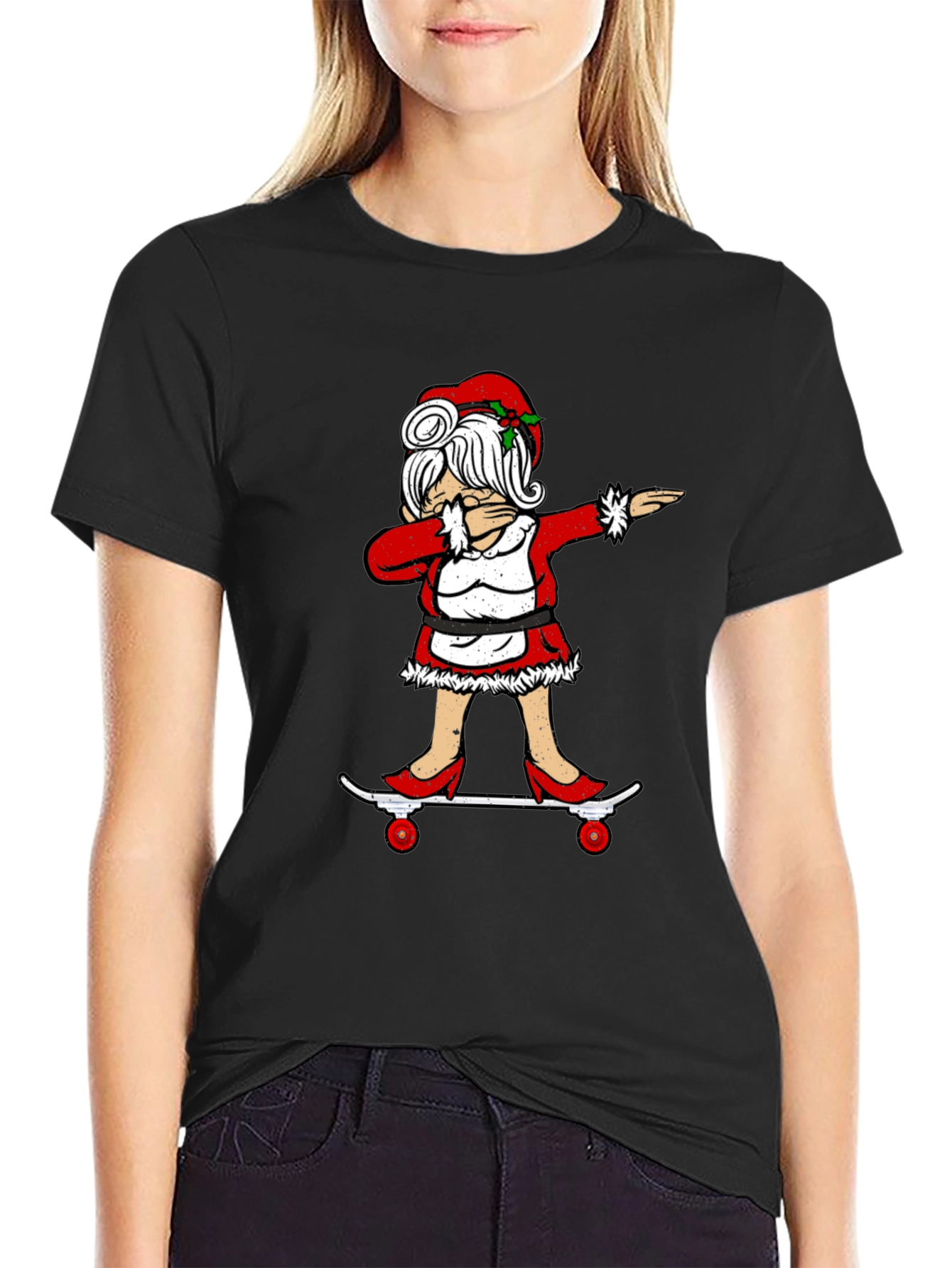 Camiseta Negra con Diseño Navideño Señora Claus Dabbing