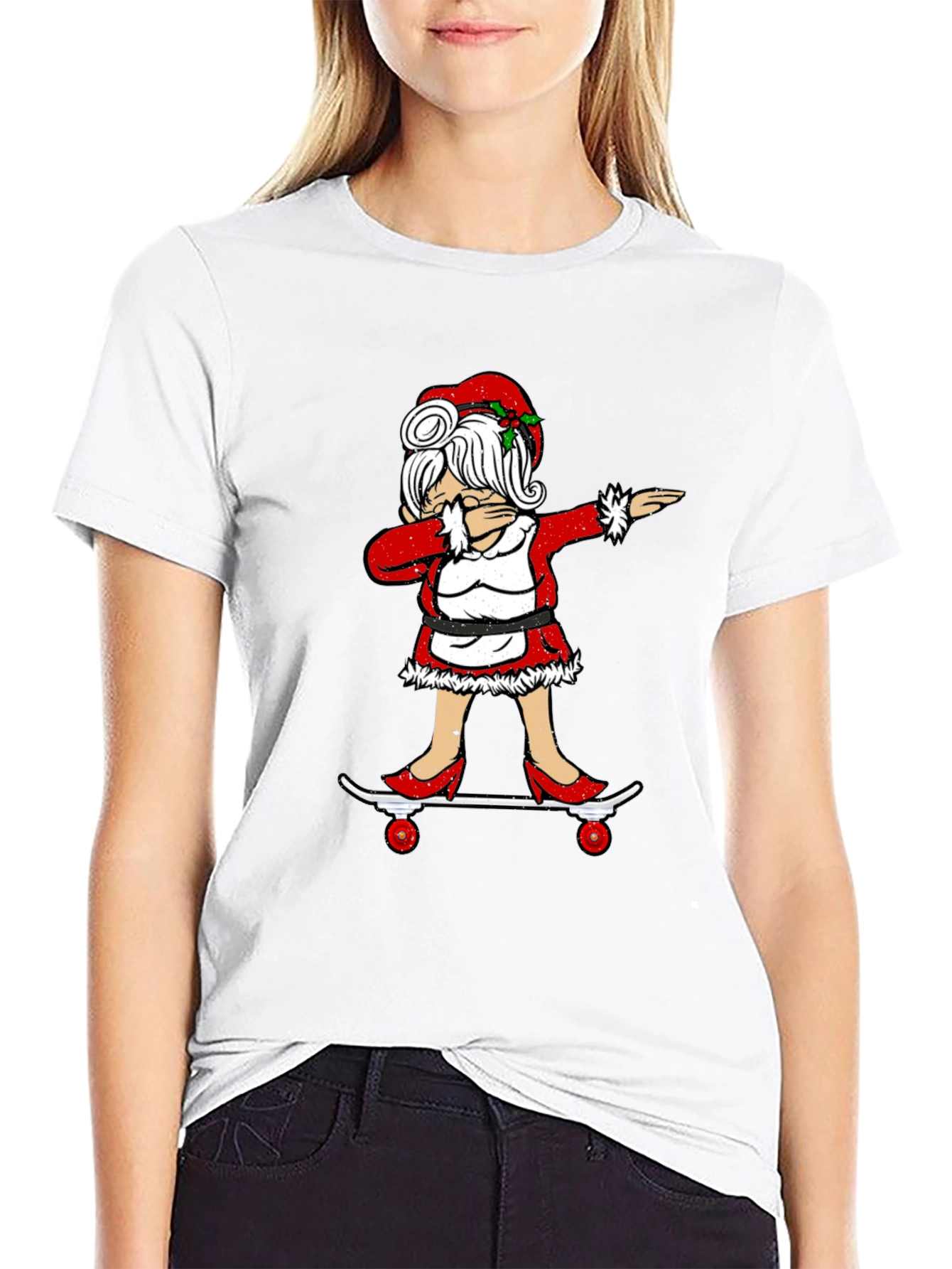 Camiseta Negra con Diseño Navideño Señora Claus Dabbing