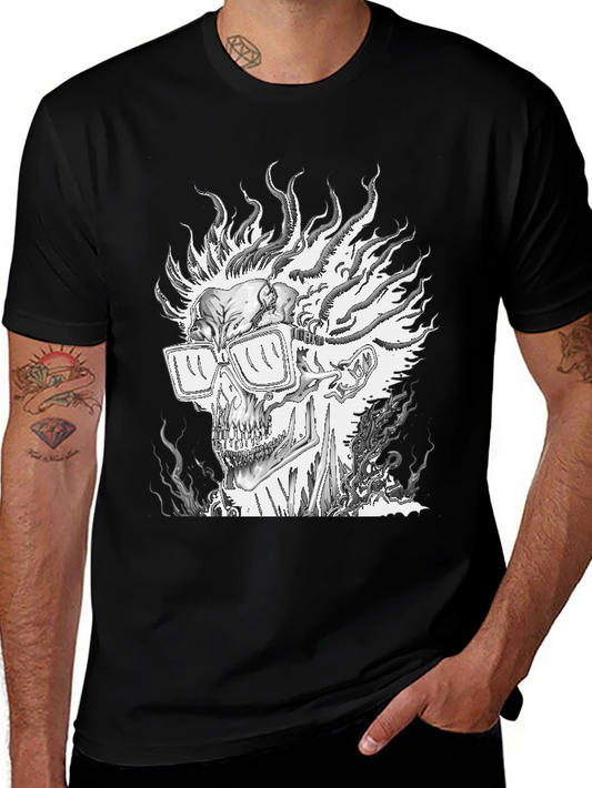Camiseta Negra con Diseño de Calavera en Llamas