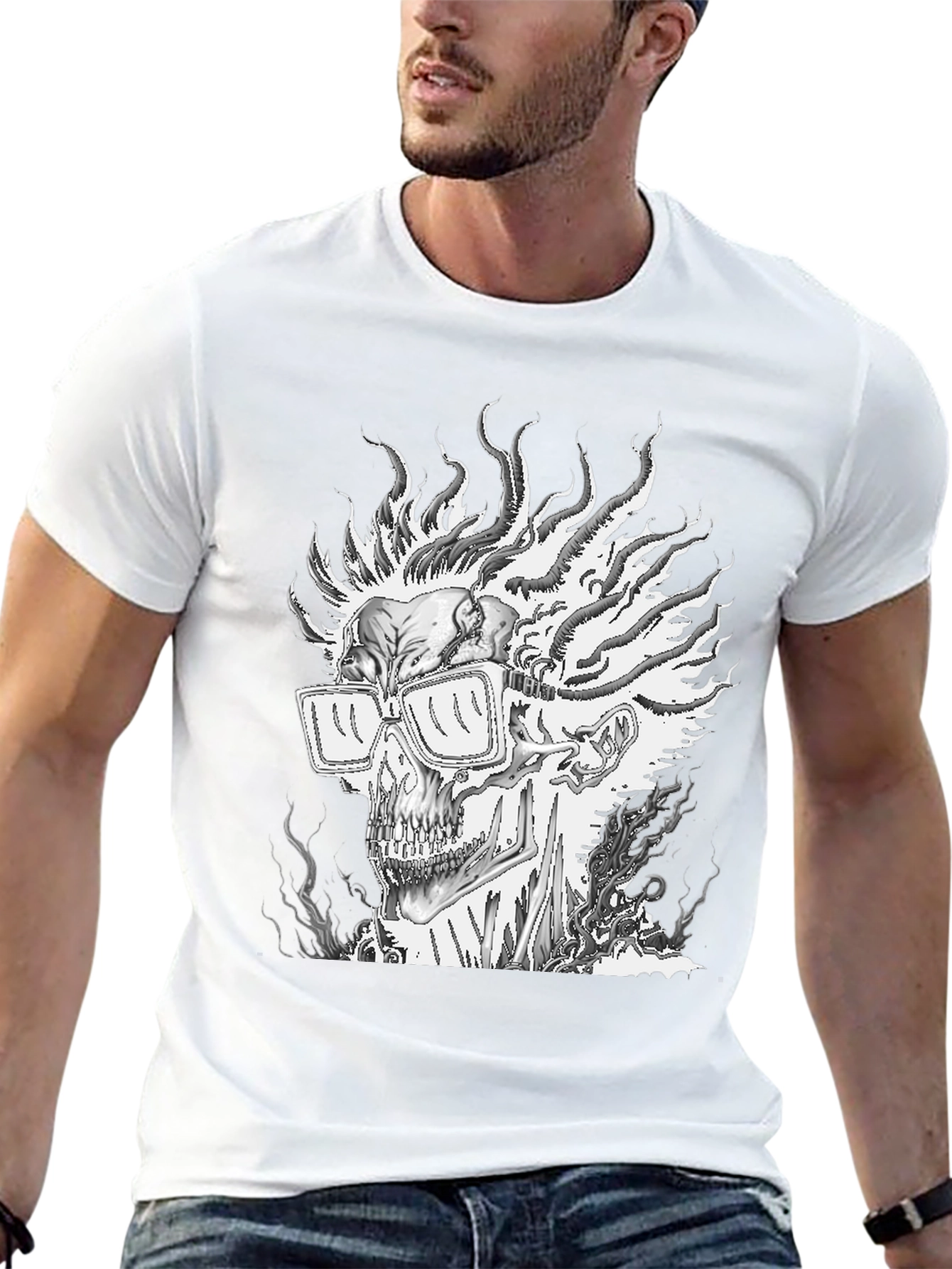 Camiseta Negra con Diseño de Calavera en Llamas