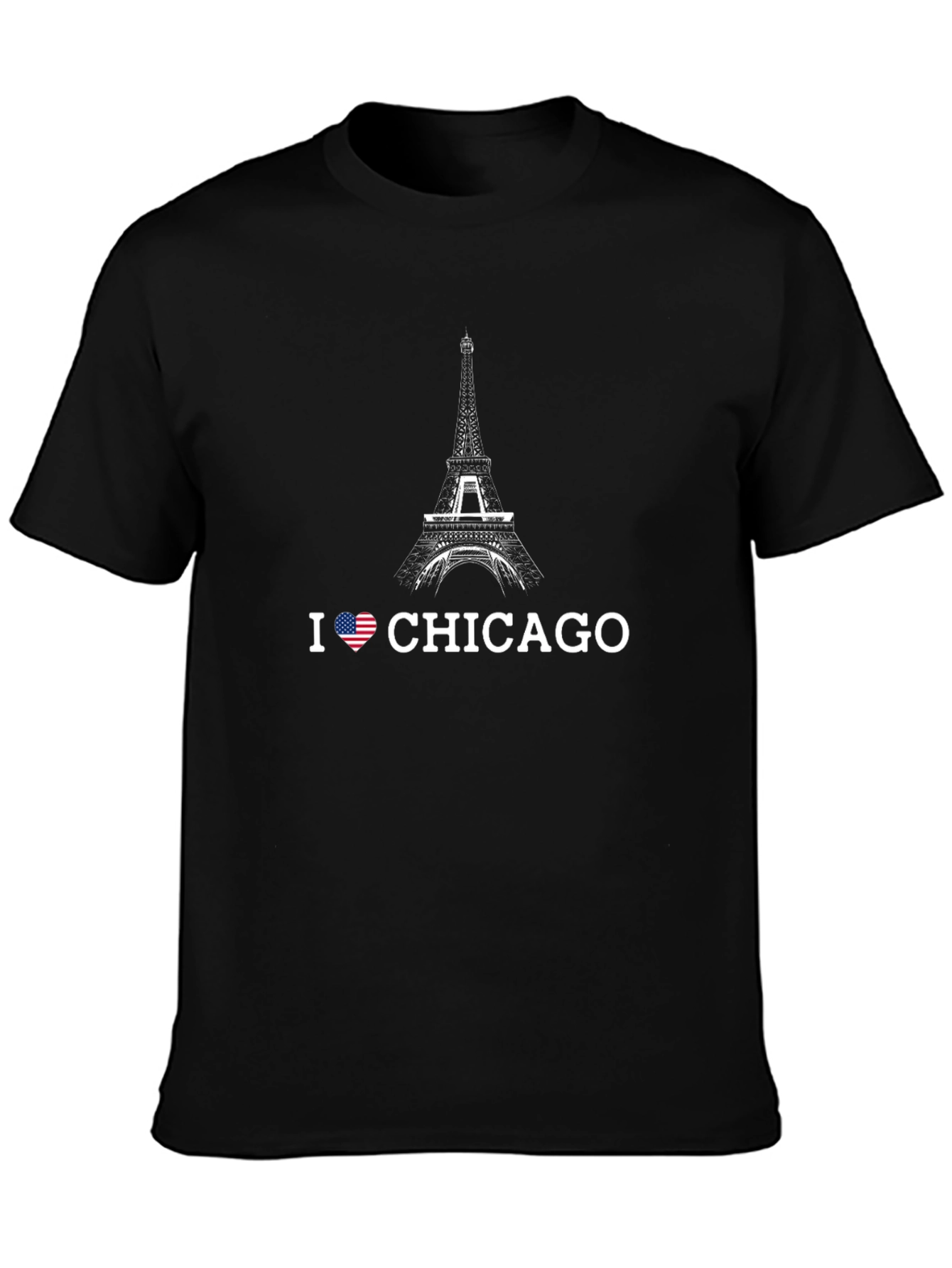 Camiseta Negra Hombre Amo Chicago Diseño Torre Eiffel