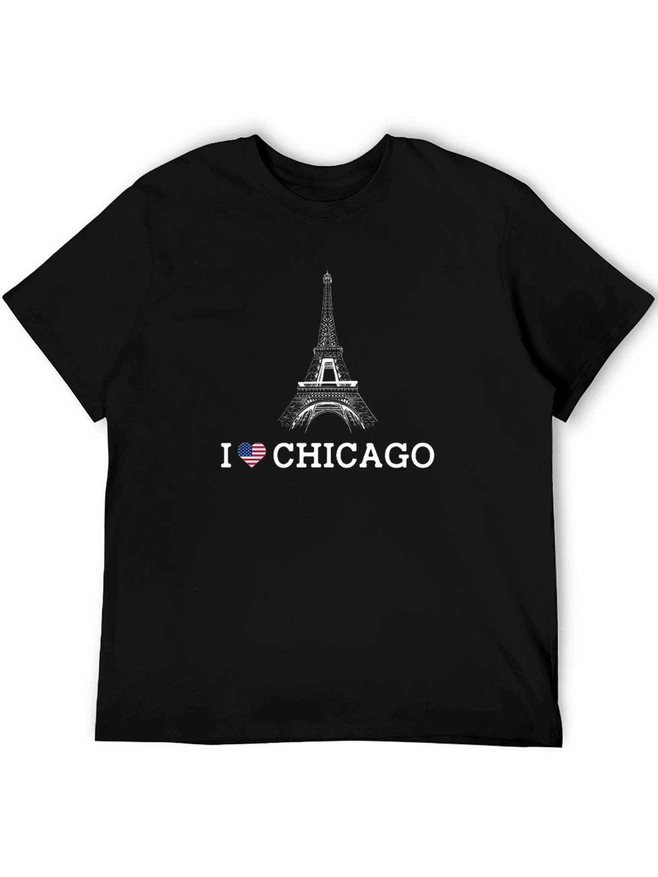 Camiseta Negra Hombre Amo Chicago Diseño Torre Eiffel