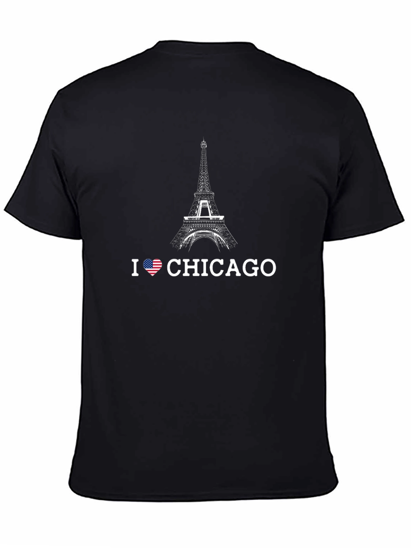 Camiseta Negra Hombre Amo Chicago Diseño Torre Eiffel