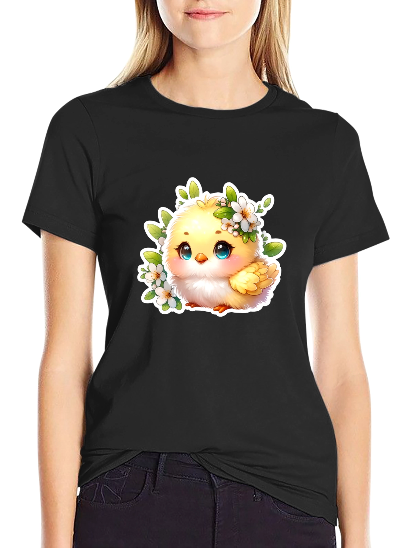Camiseta Negra con Diseño de Pollito Adorable