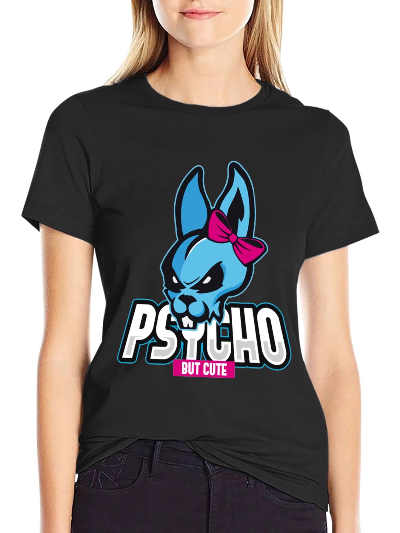 Camiseta Negra Psycho But Cute con Conejo
