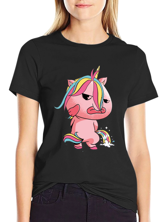Camiseta Negra con Unicornio Gruñón y Arcoíris