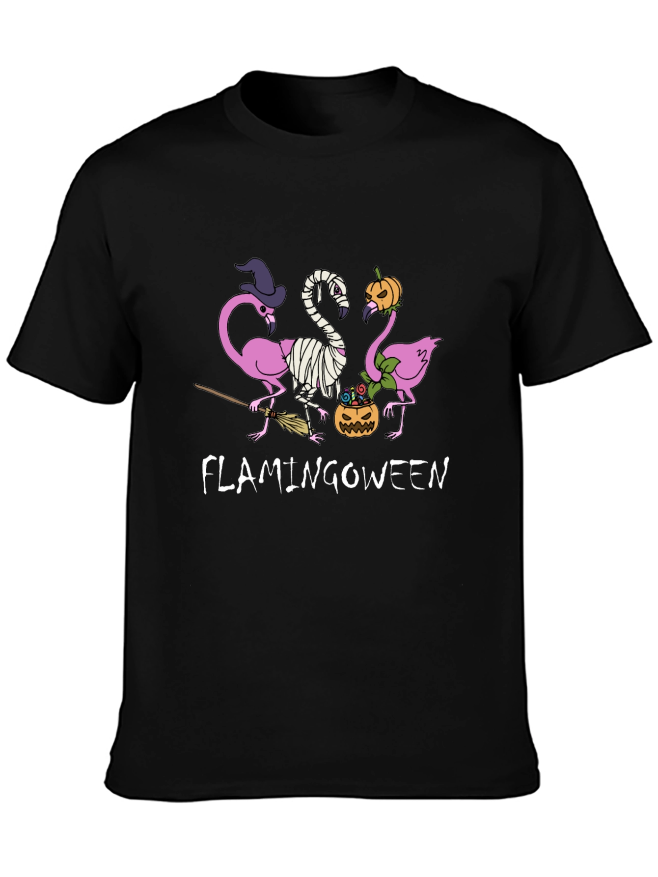 Camiseta Negra Flamingoween Halloween Divertida
