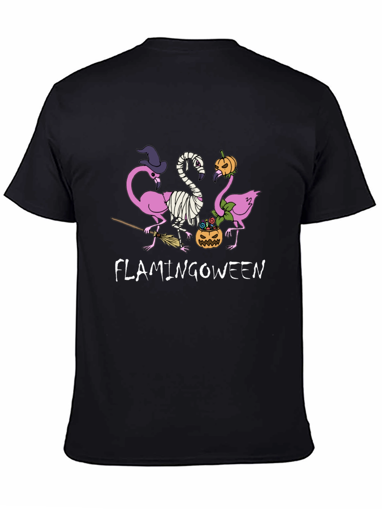 Camiseta Negra Flamingoween Halloween Divertida